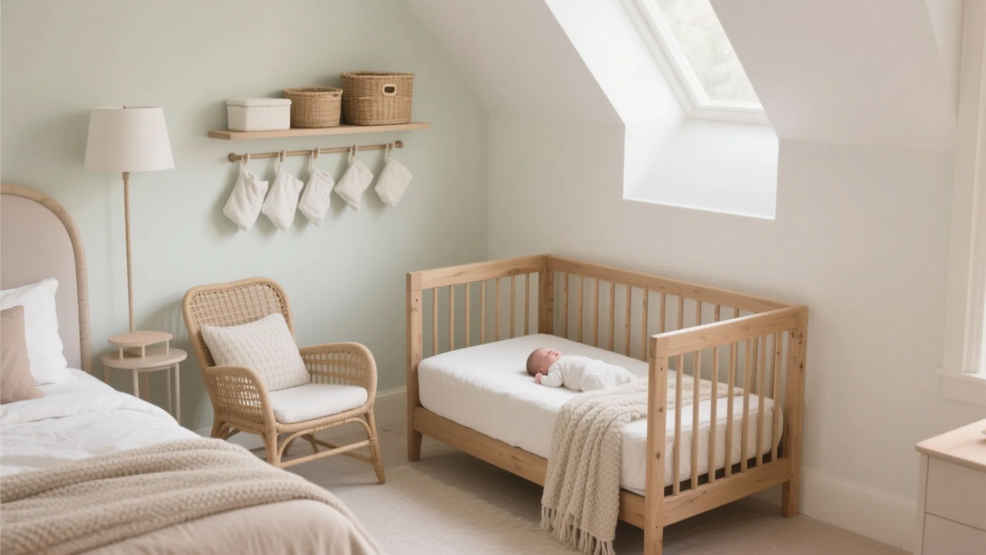 Baby sleeping in wooden crib beside green wall with wicker chair lamp and a roof window
