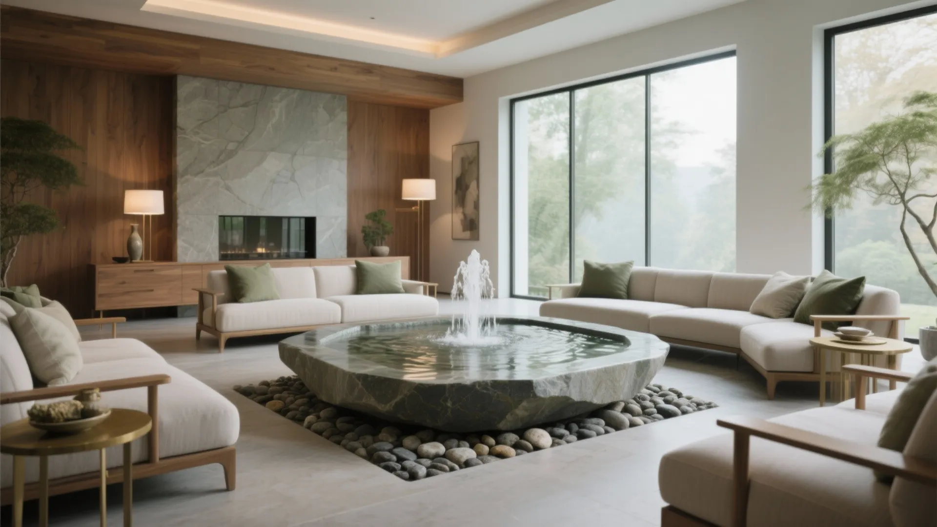 Modern living room with stone water fountain center beige sofas wood walls and floor lamps