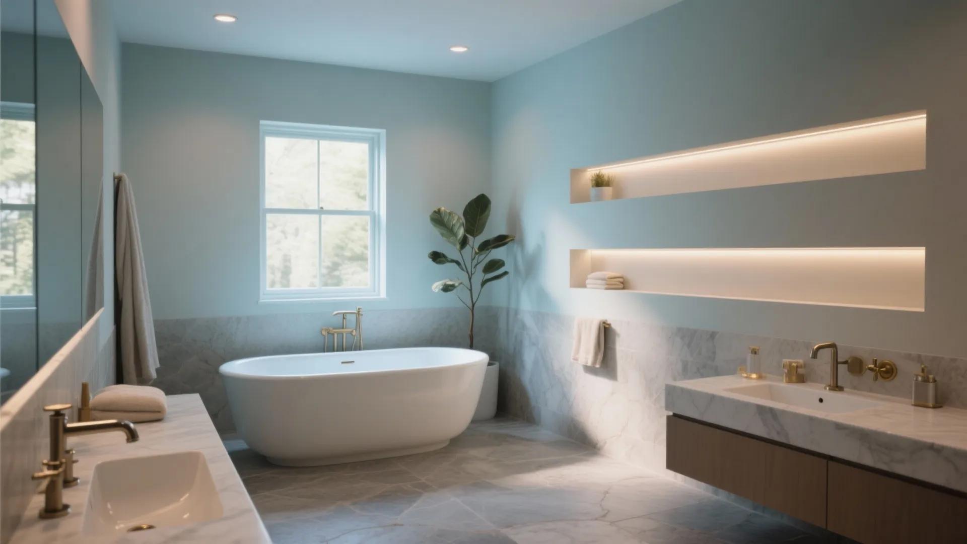 Modern bathroom with white bathtub, marble floor, blue walls, wooden cabinet, and warm light shelf