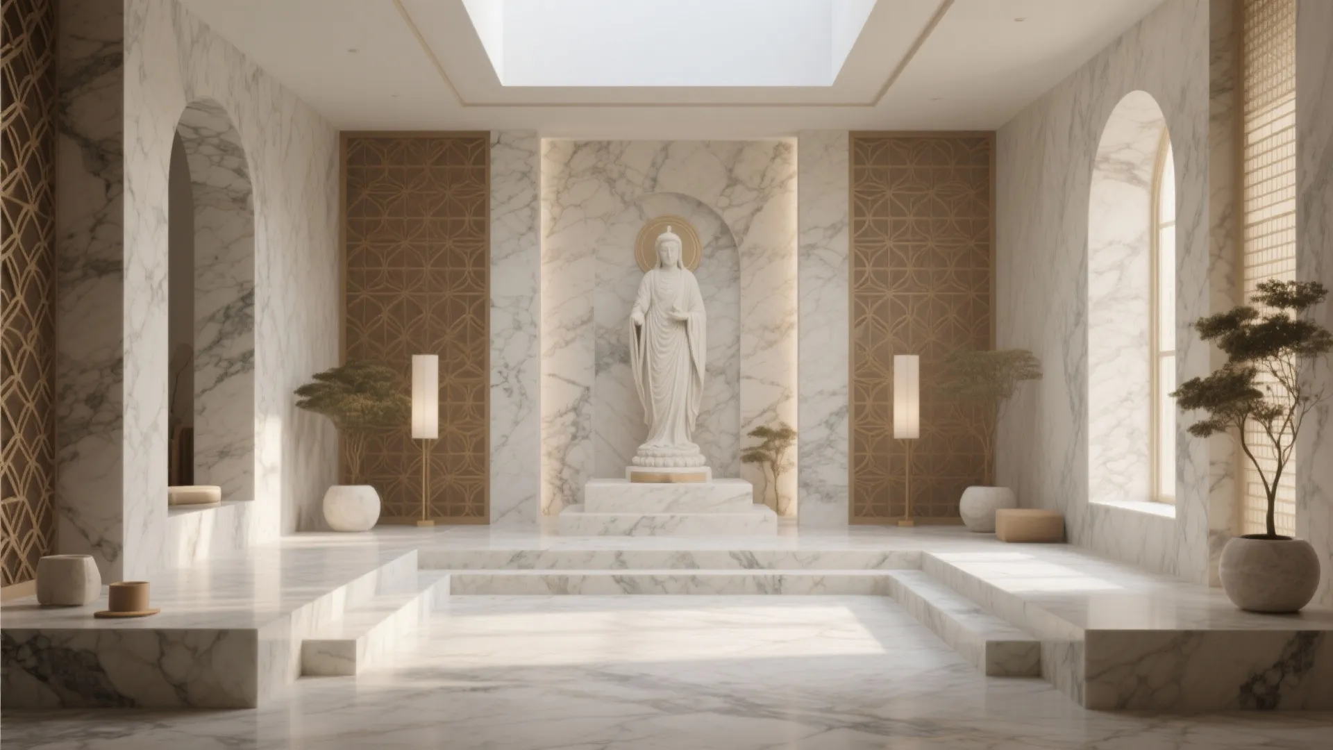 Modern marble prayer room with white statue and stone walls plus floor lights and small plants