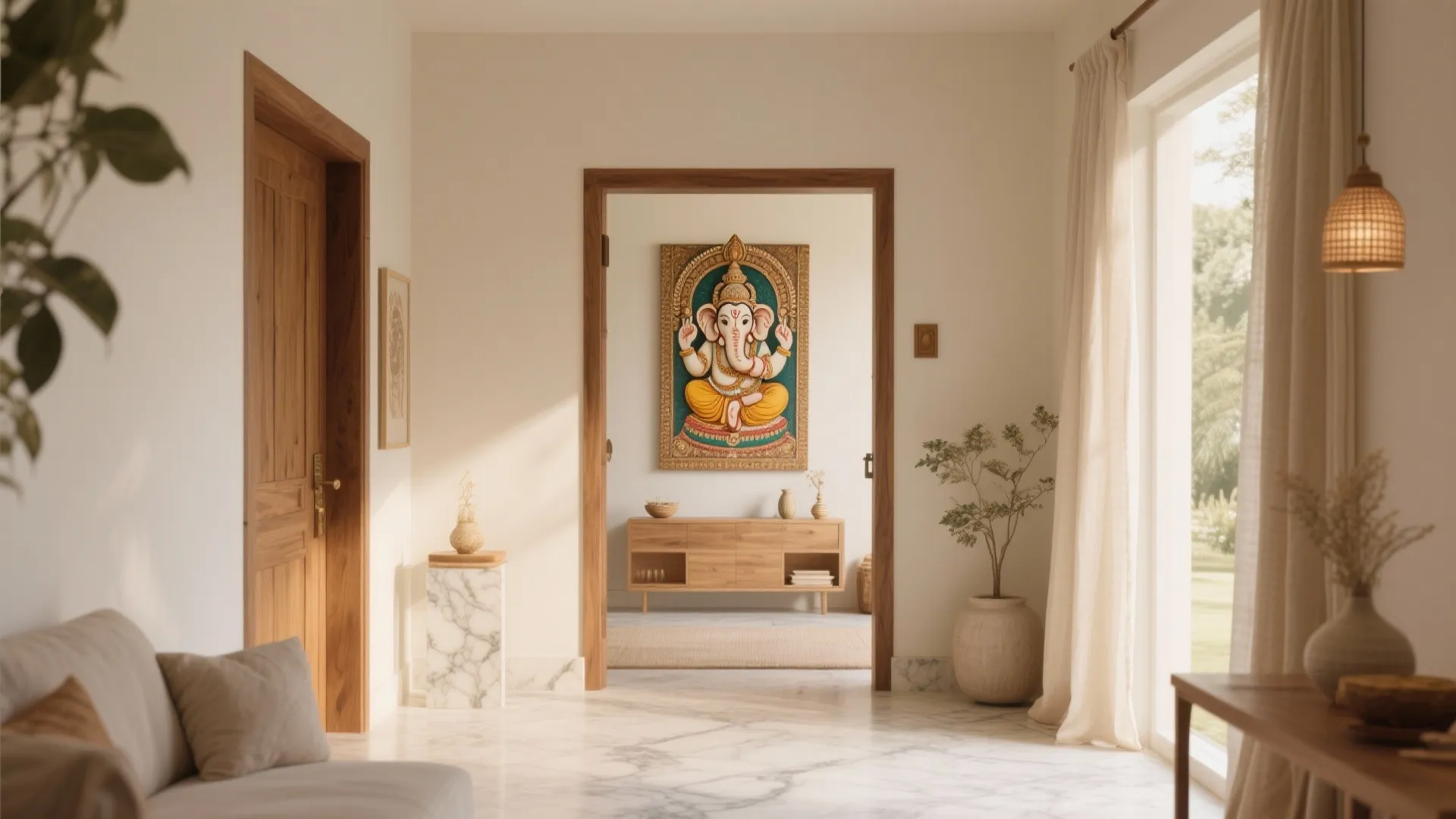 Bright living room with marble floors wooden doors and a large colorful painting on wall