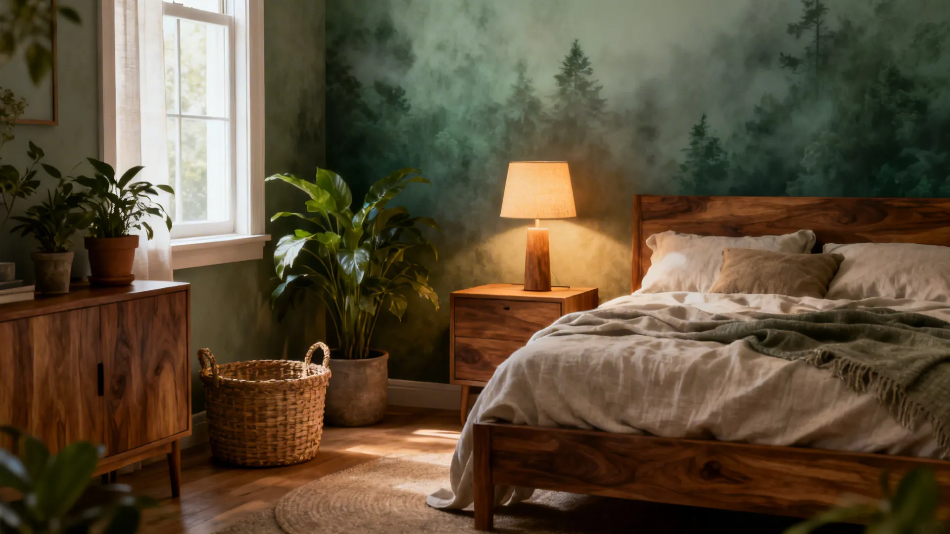 Bedroom in Evergreen Fog with wooden accents, plants and natural linens for a restorative feel.