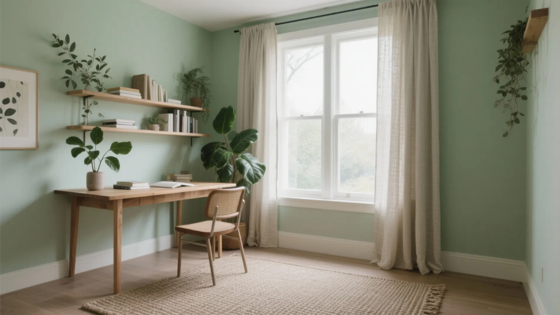 Light green study room featuring wooden desk wall shelves white curtains and large green leafy plants