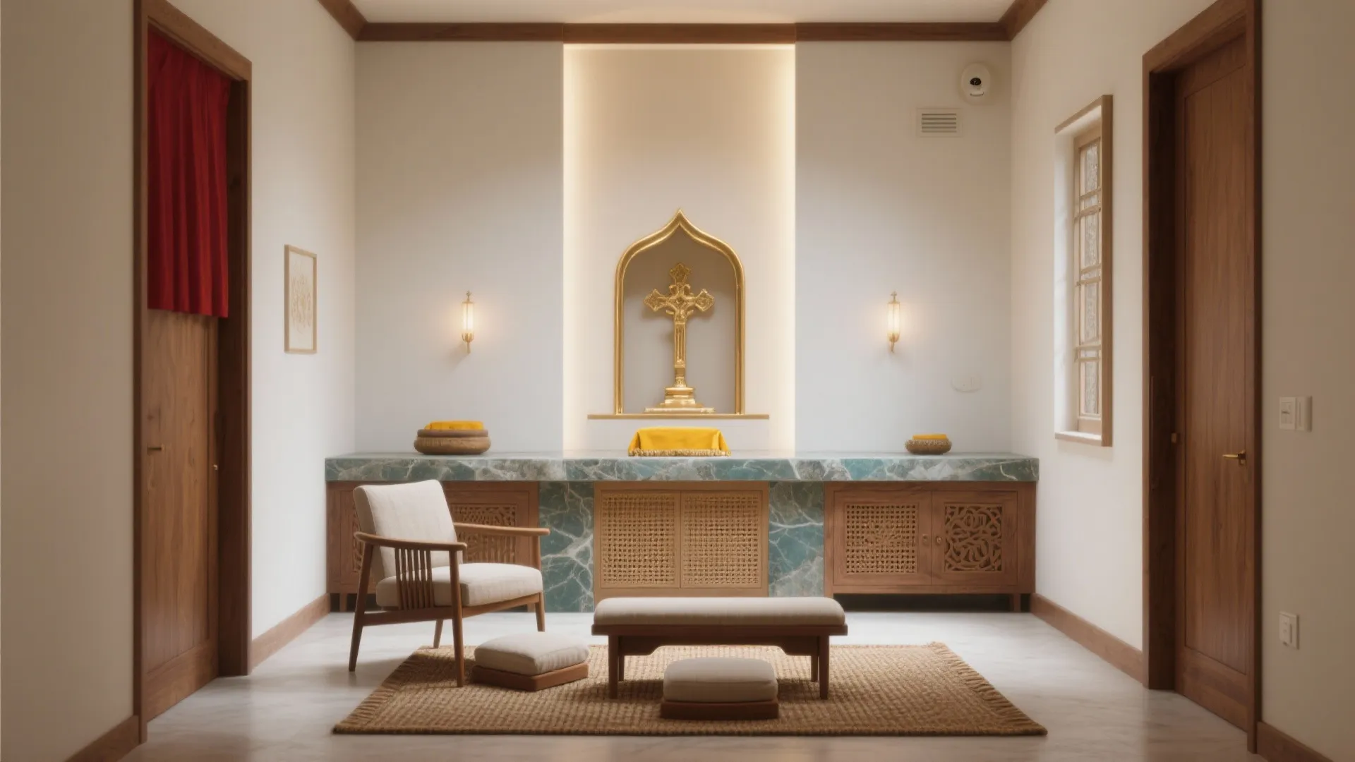 Peaceful prayer room with wooden cabinet stone counter wall light chair footrest and golden cross