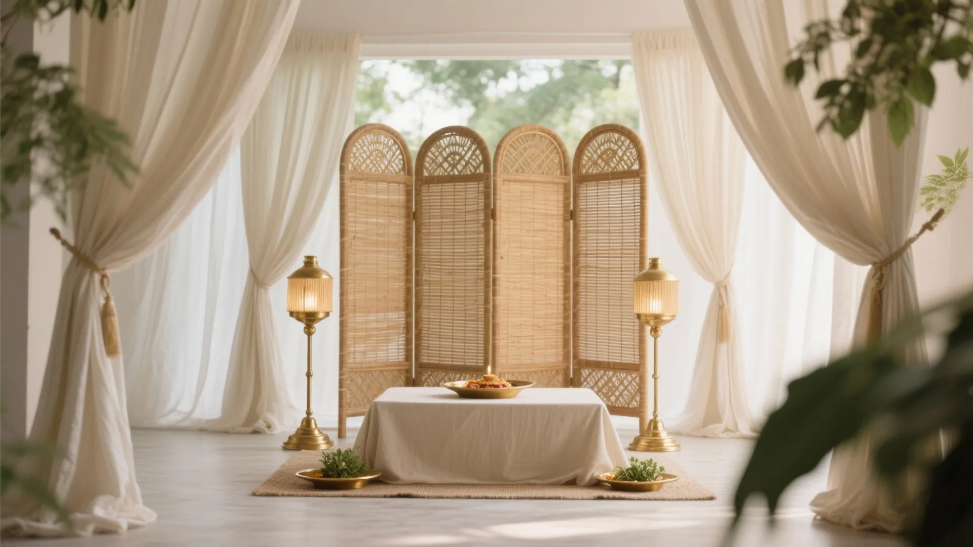 Serene Mandap Backdrop: Textiles, Neutral Palette & Lamps