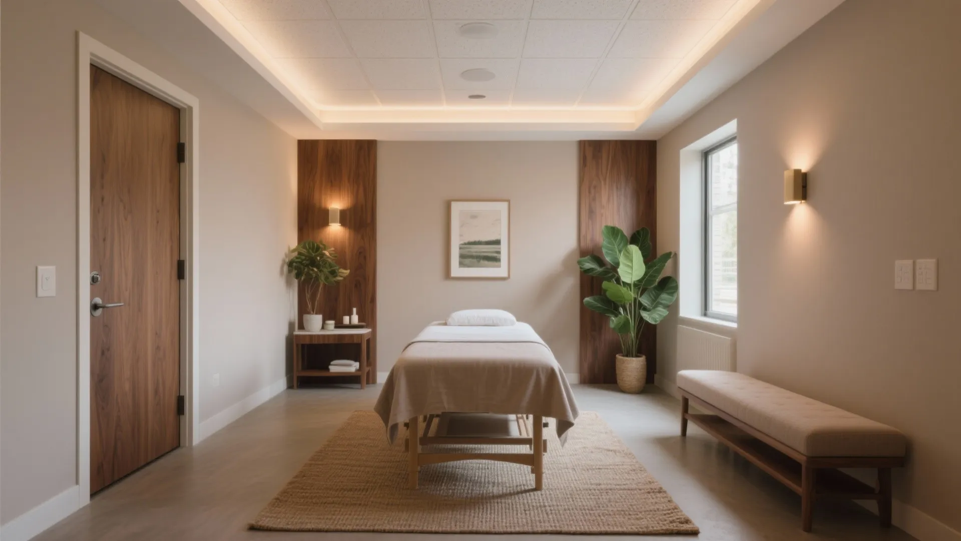 [
  {
    "url": "https://coohom-biz-sg-s3.coohom.com/ins/static/article/serene-massage-suite-1764518543020426700.jpg",
    "alt": "Minimalist massage room with central table, wooden wall panels, green plants, and warm soft lighting"
  }
]