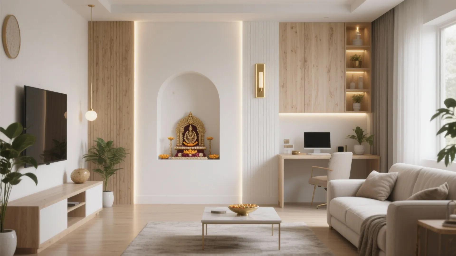Modern living room with white sofa, wood wall panel, wall light, and home office desk