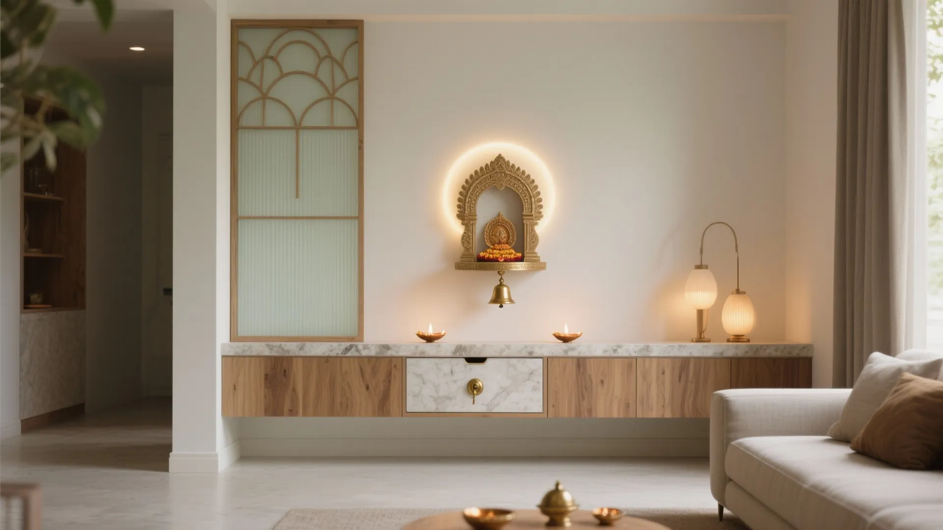 Small wall mounted shrine above a floating wood cabinet in a bright and modern room