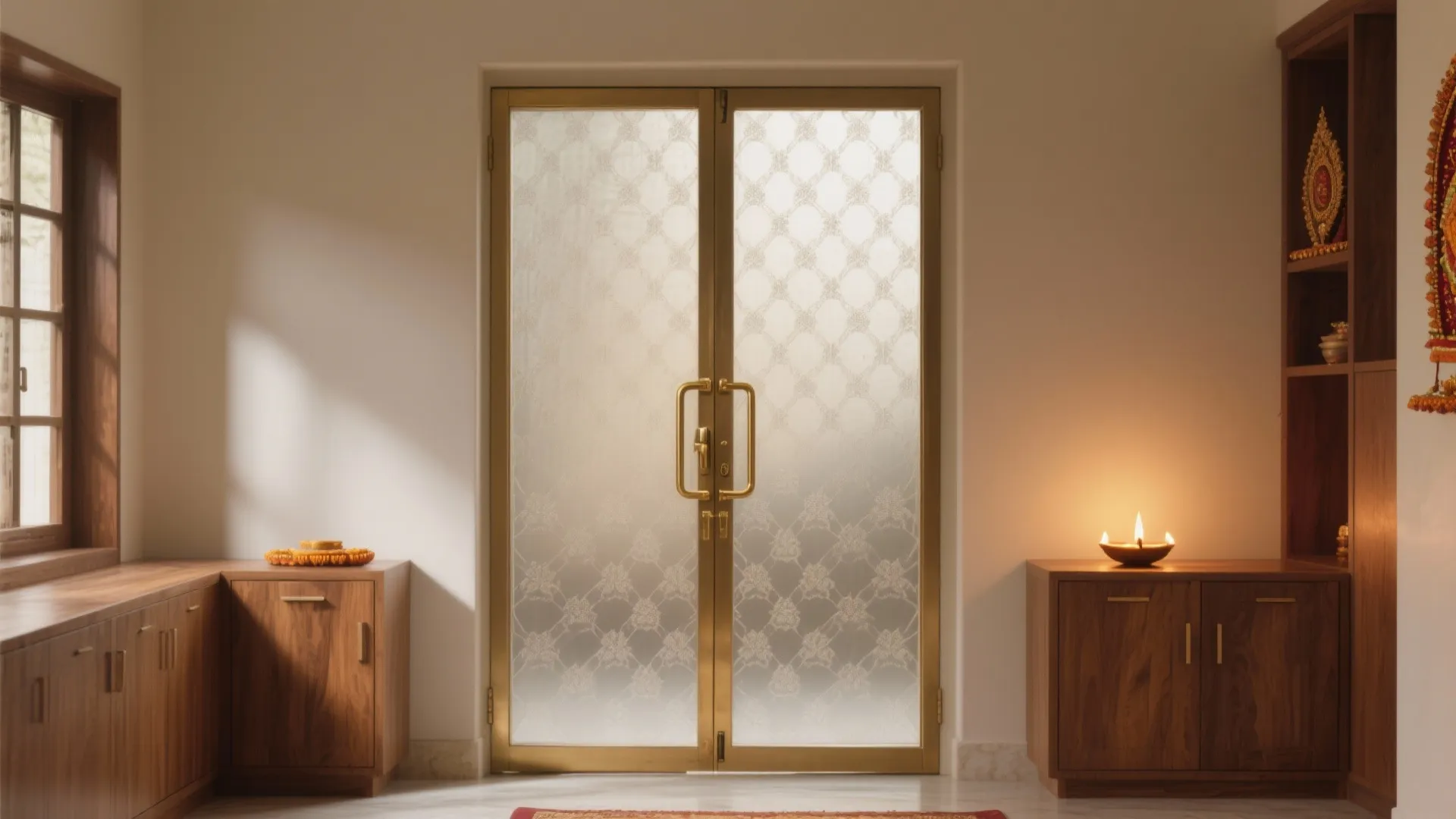 Modern prayer room with gold frame glass doors wooden cabinets and warm lighting for peaceful home