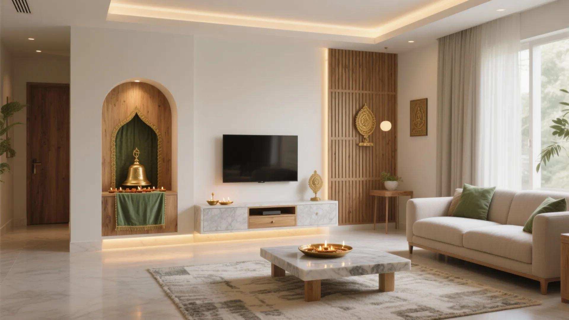 Hall Feels Crowded? Fix Your Pooja Room in Hall Layout