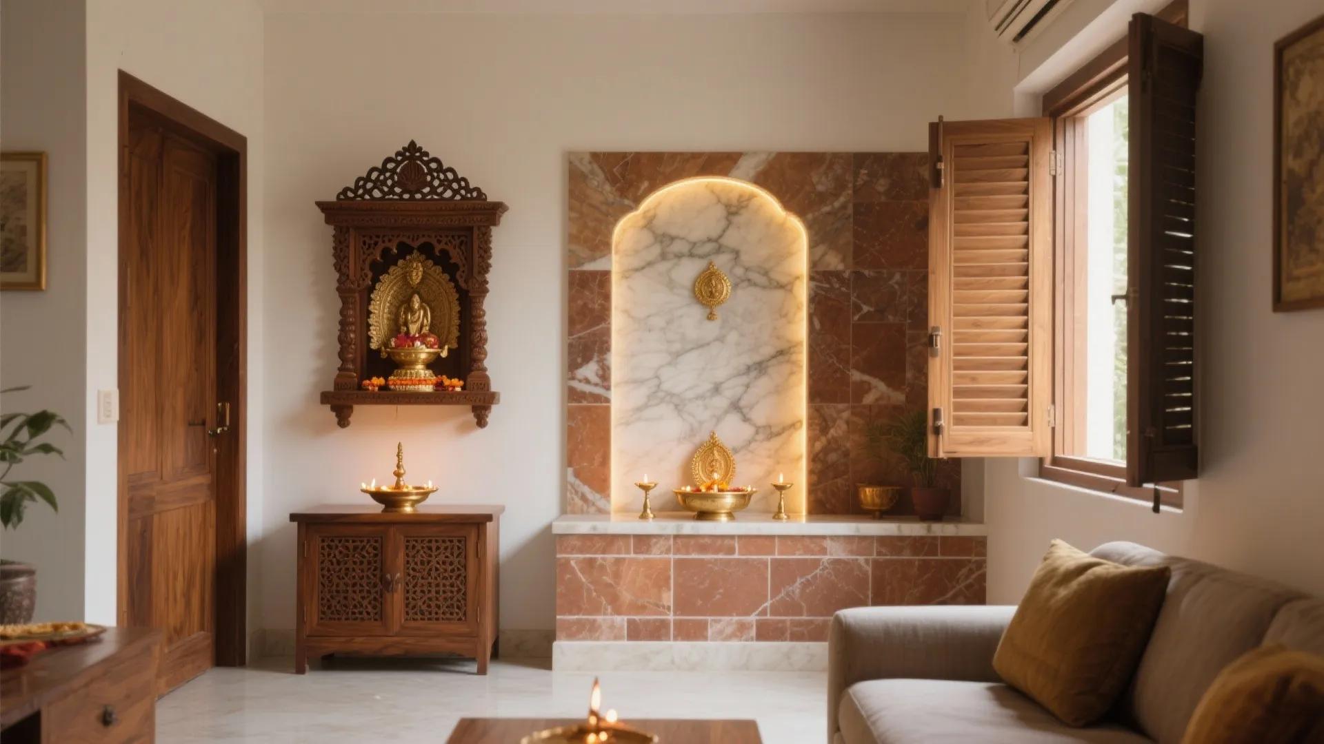 Living room with wooden cabinet and a white marble arch wall for a prayer space