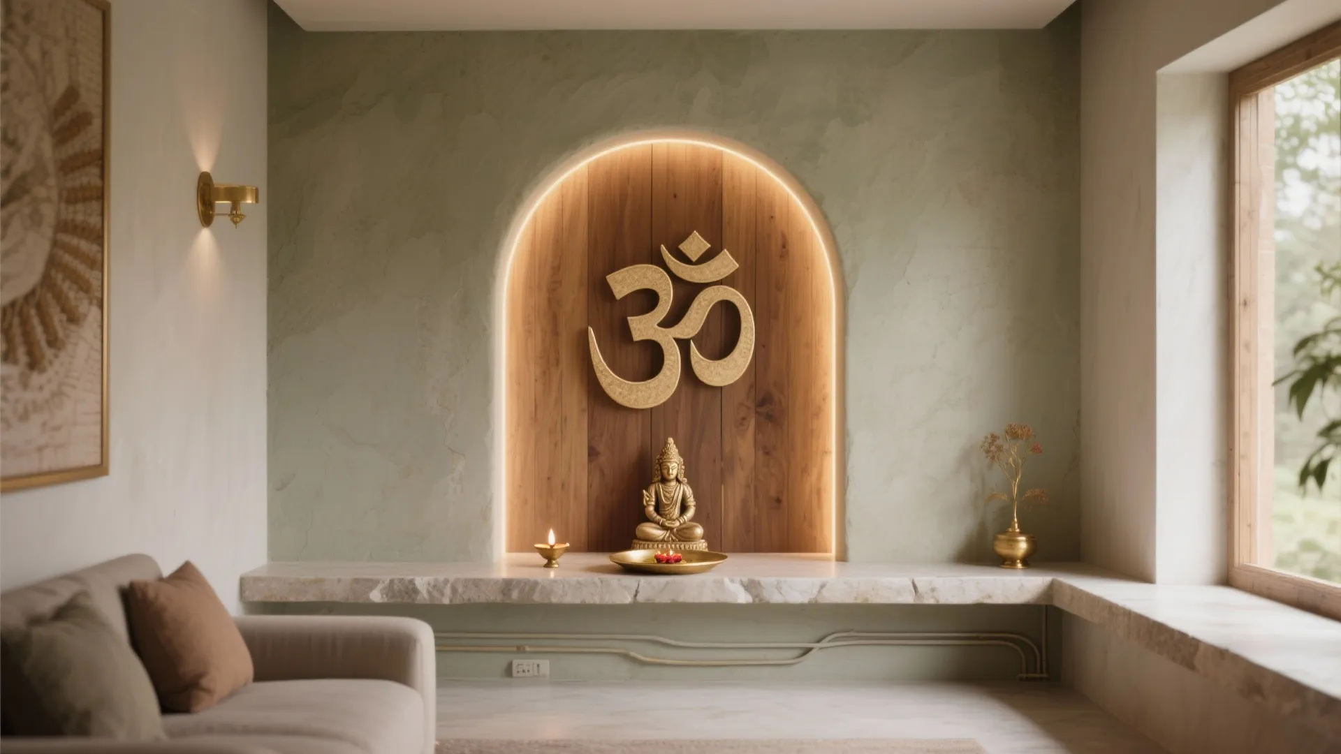 Minimalist room design featuring arched wall niche, wooden panel, golden symbol, and small Buddha statue.