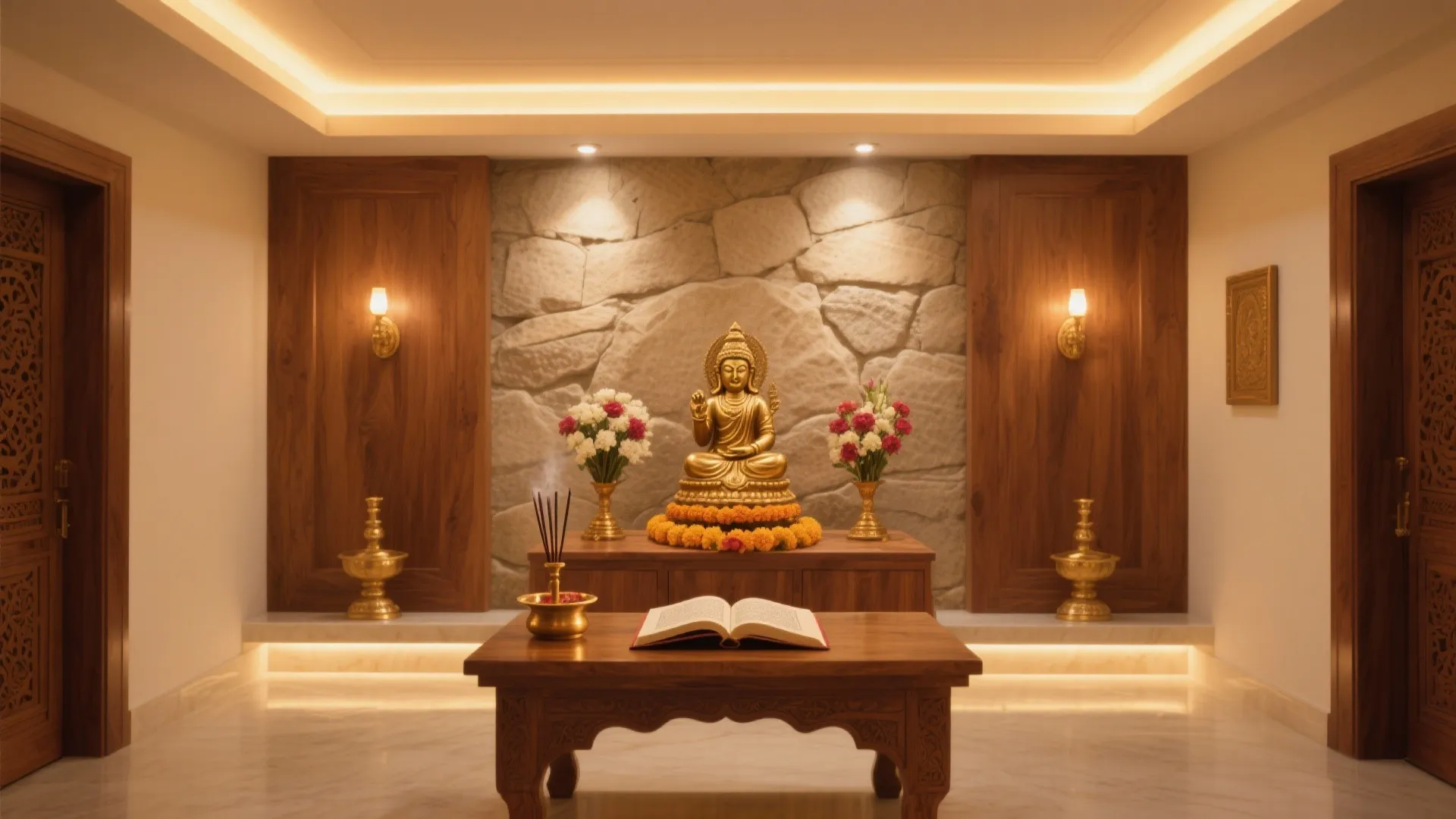 Golden statue in a peaceful prayer room with stone wall wood panels and warm lighting