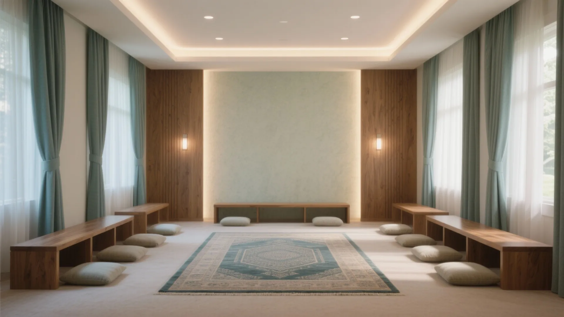 Peaceful prayer room with wooden benches, floor pillows, green curtains, patterned rug, and warm lighting