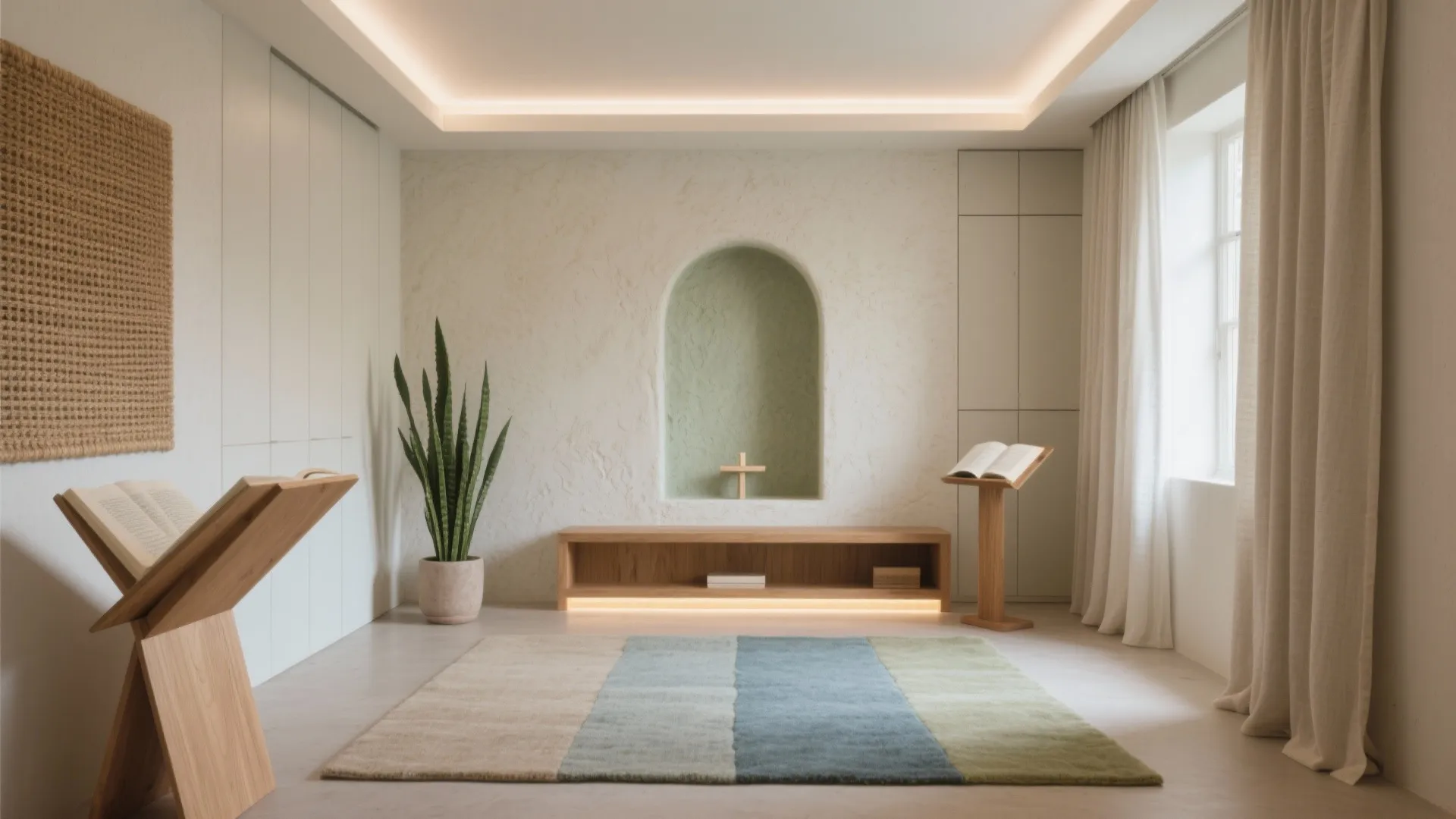 Modern prayer room with wooden furniture beige walls a green niche plant and soft ceiling light