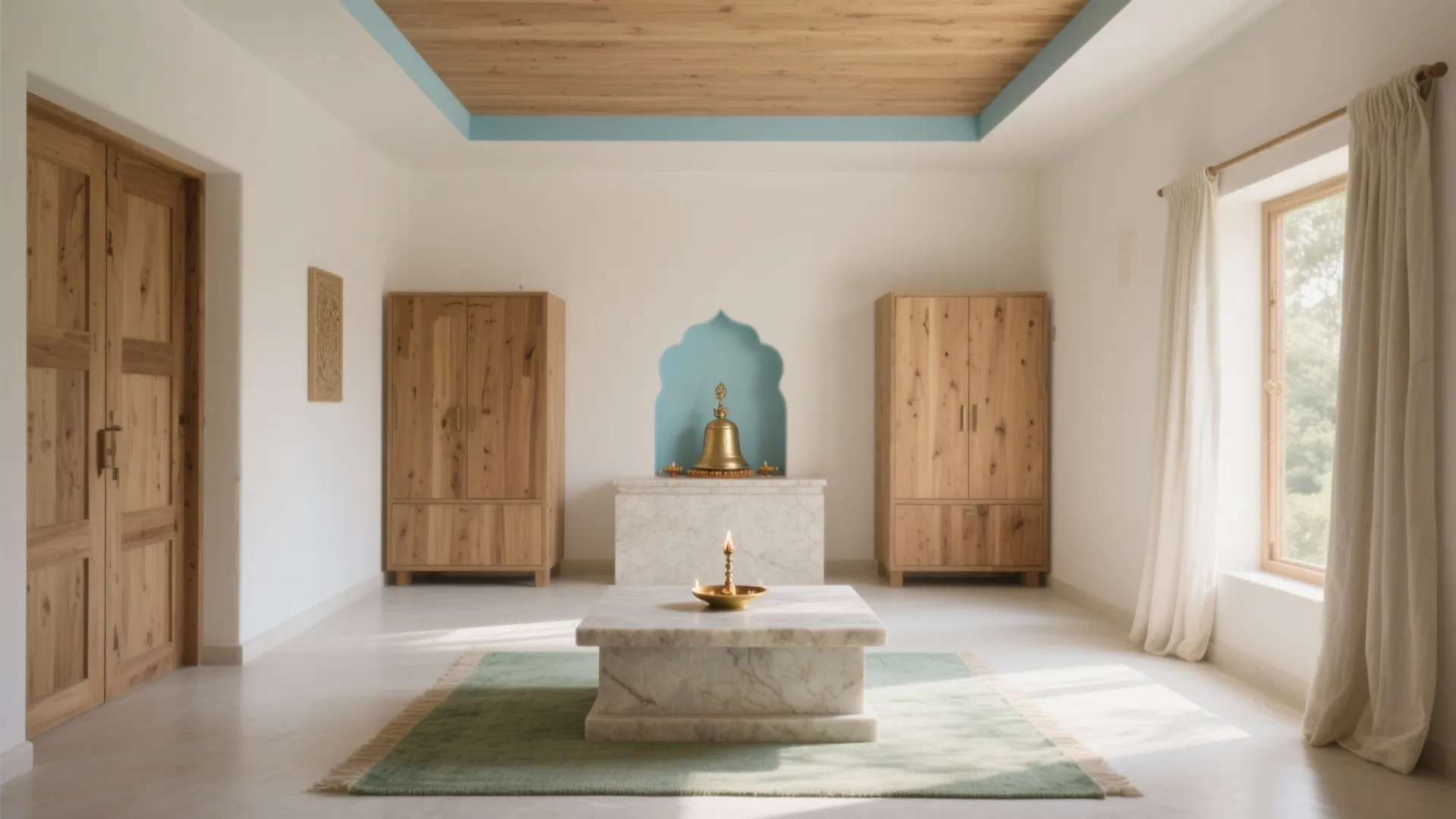 Bright meditation room with marble table green rug wooden cabinets white walls and natural sunlight
