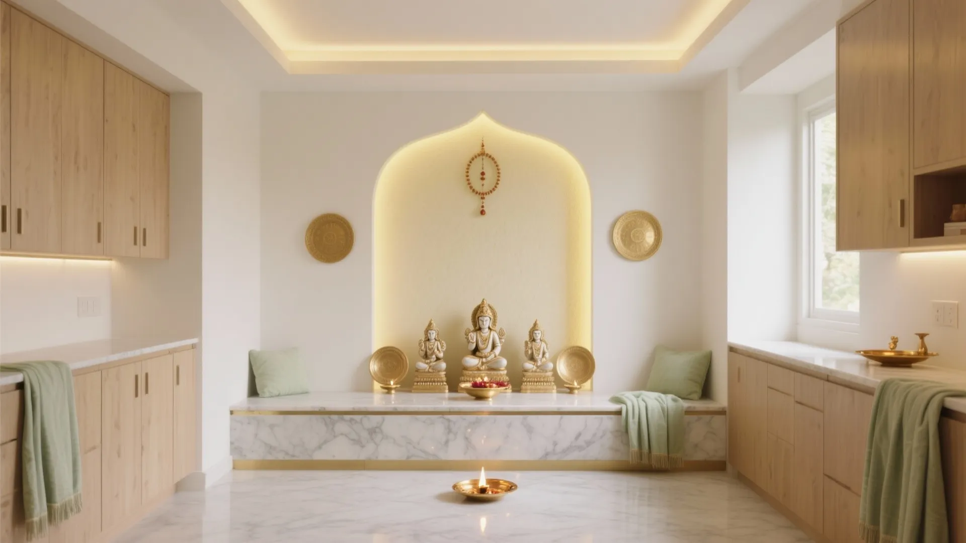 Modern prayer room with white marble floor and gold statues in a warm lighted niche