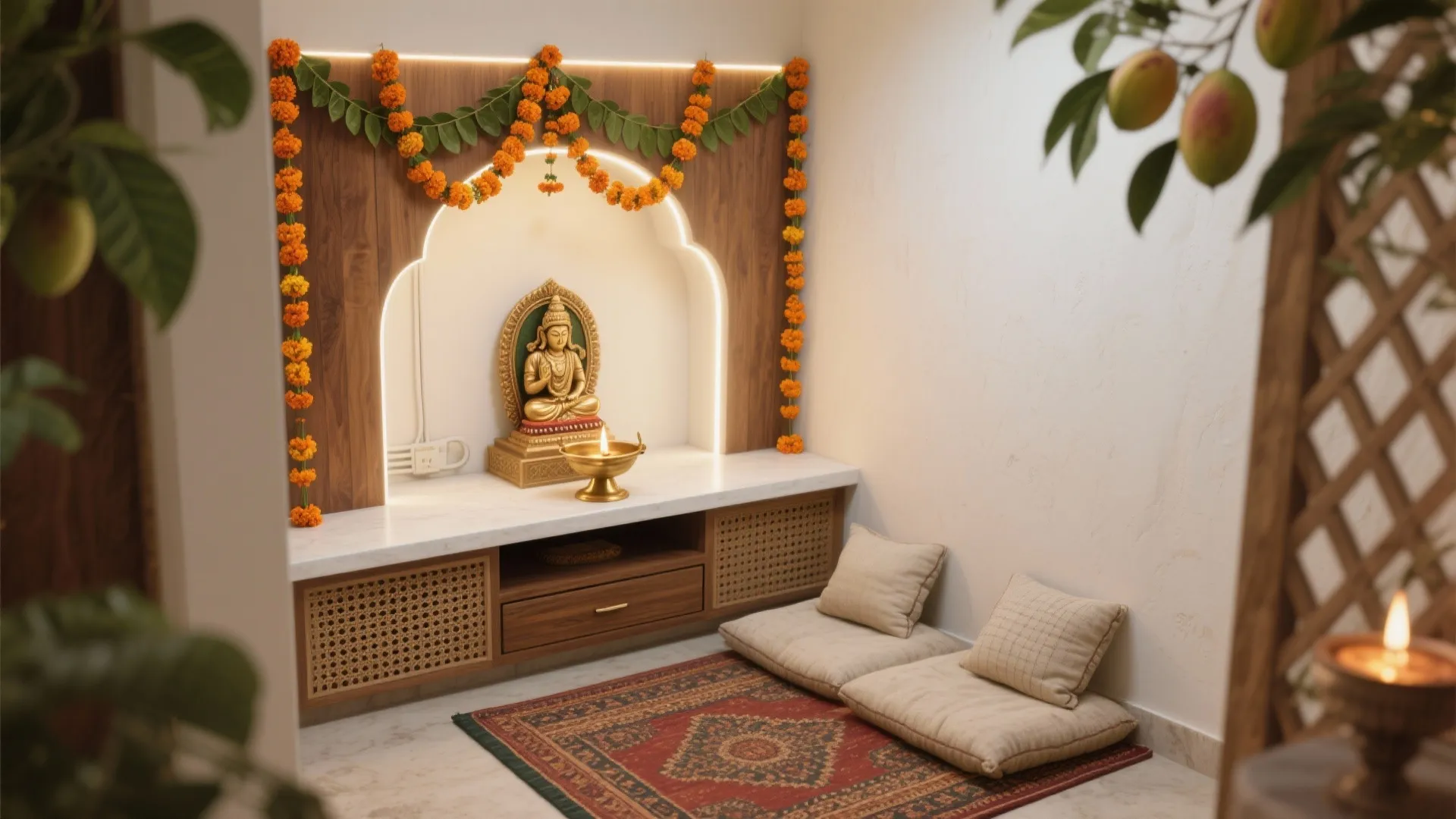 Small home temple with wooden cabinet, flower garland, floor cushions, rug and gold Buddha statue