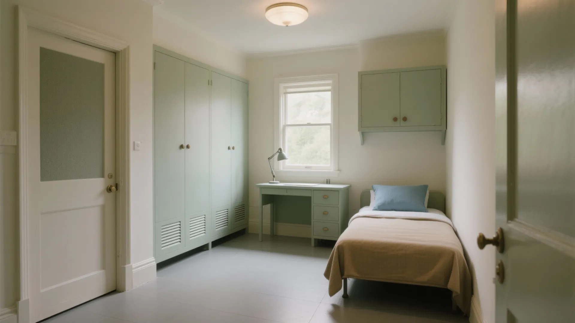 Small bedroom with single bed light green cabinets desk window lamp and simple white ceiling light
