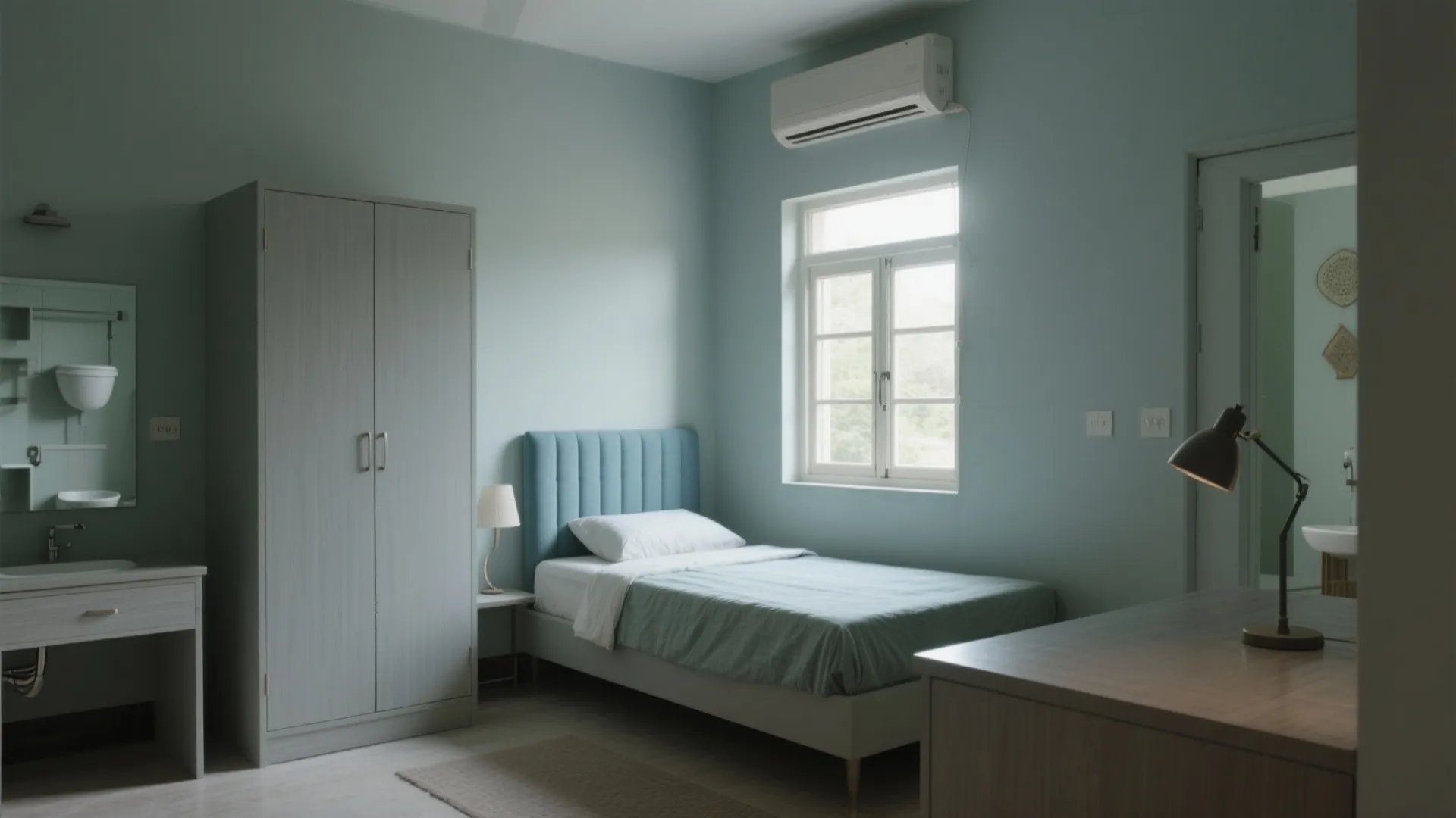 Small light blue bedroom with single bed wooden wardrobe air conditioner window and black desk lamp