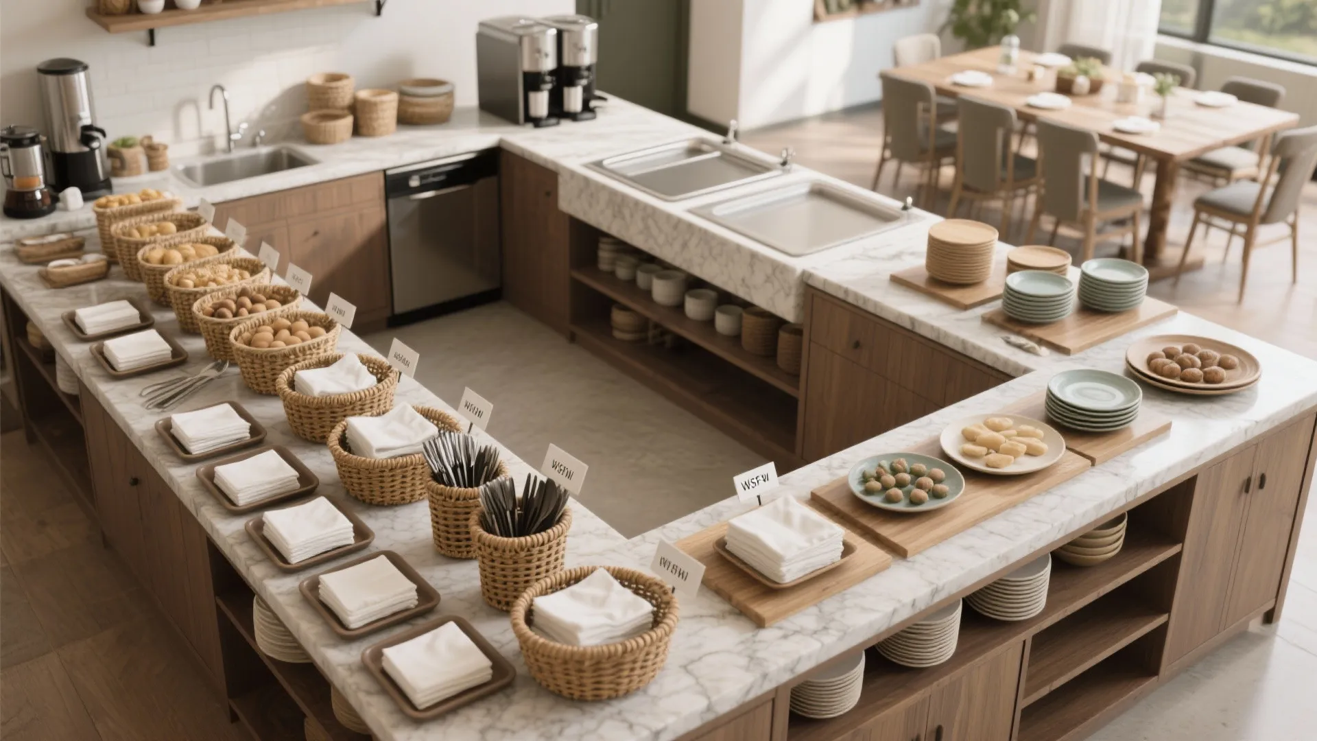 Marble kitchen counter with woven baskets for bread and napkins near a wooden dining table