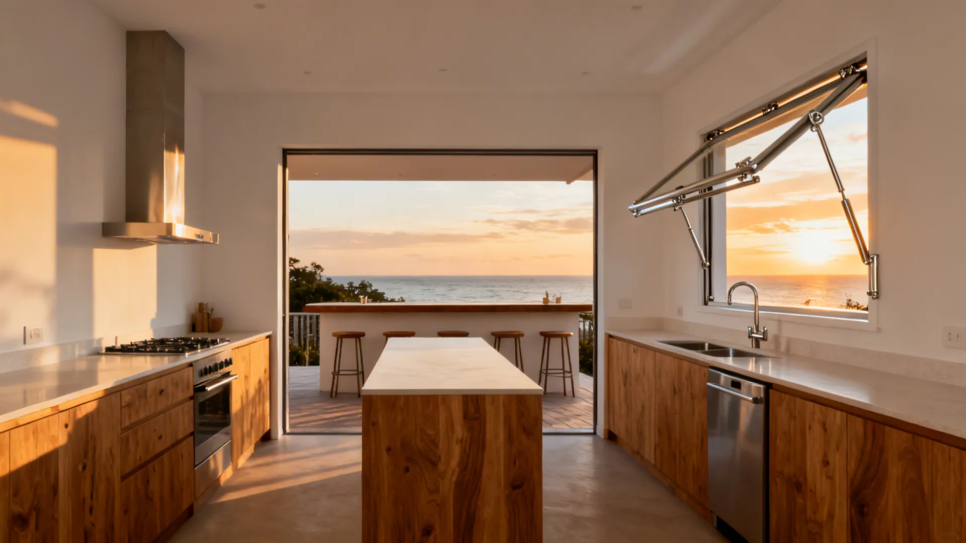 Kitchen servery window folding open to a terrace bar ledge at sunset.