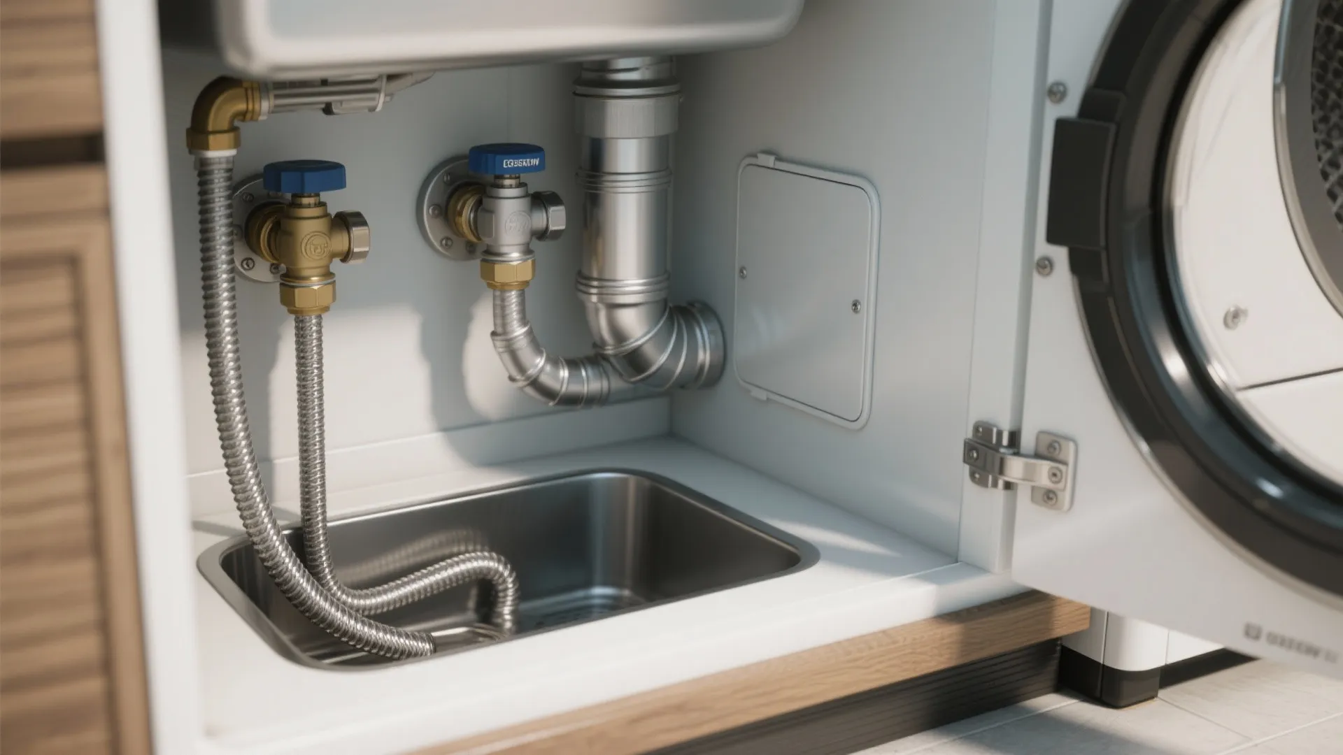 Under sink plumbing pipes with water valves inside a white cabinet next to a washing machine