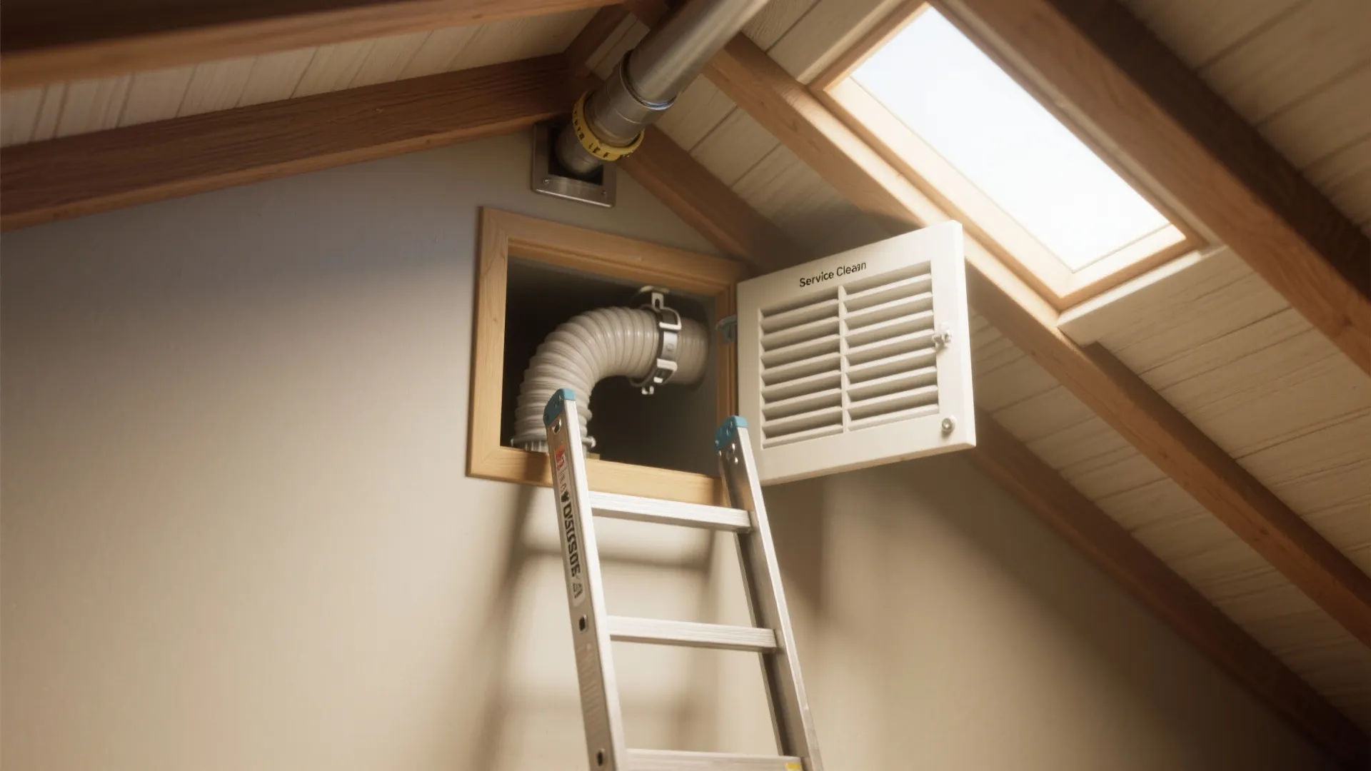 Ladder leaning against wall with open vent door showing white pipe inside a wooden attic