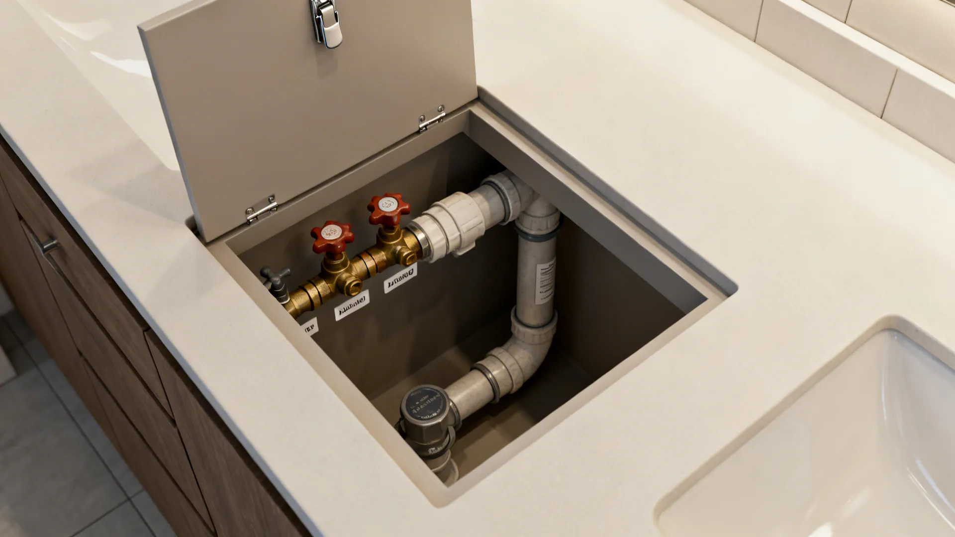 Open access panel in a bathroom countertop showing water pipes and red valves for maintenance