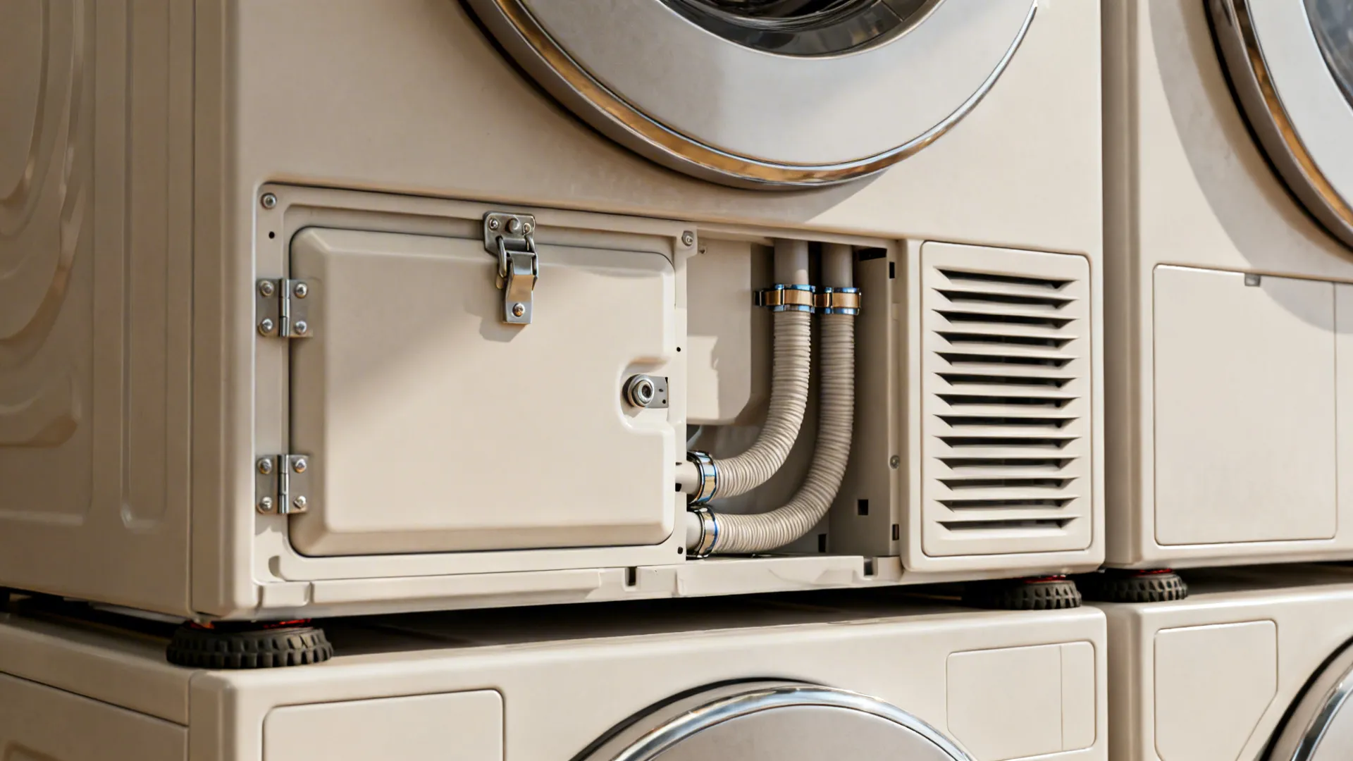 Service access panel, routed hoses, and vibration-absorbing pads for stacked laundry units.