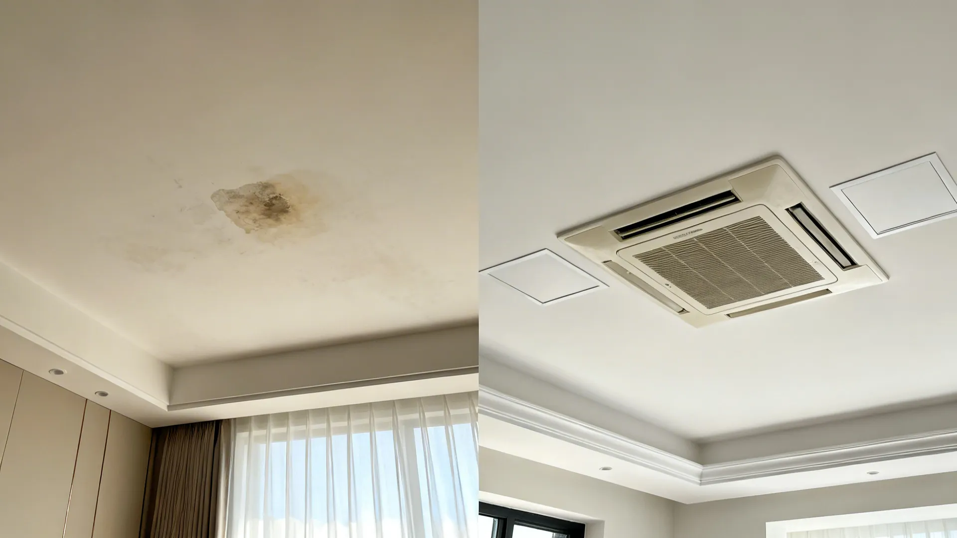 Before-and-after of a ceiling upgraded to hidden access panels around a cassette AC.