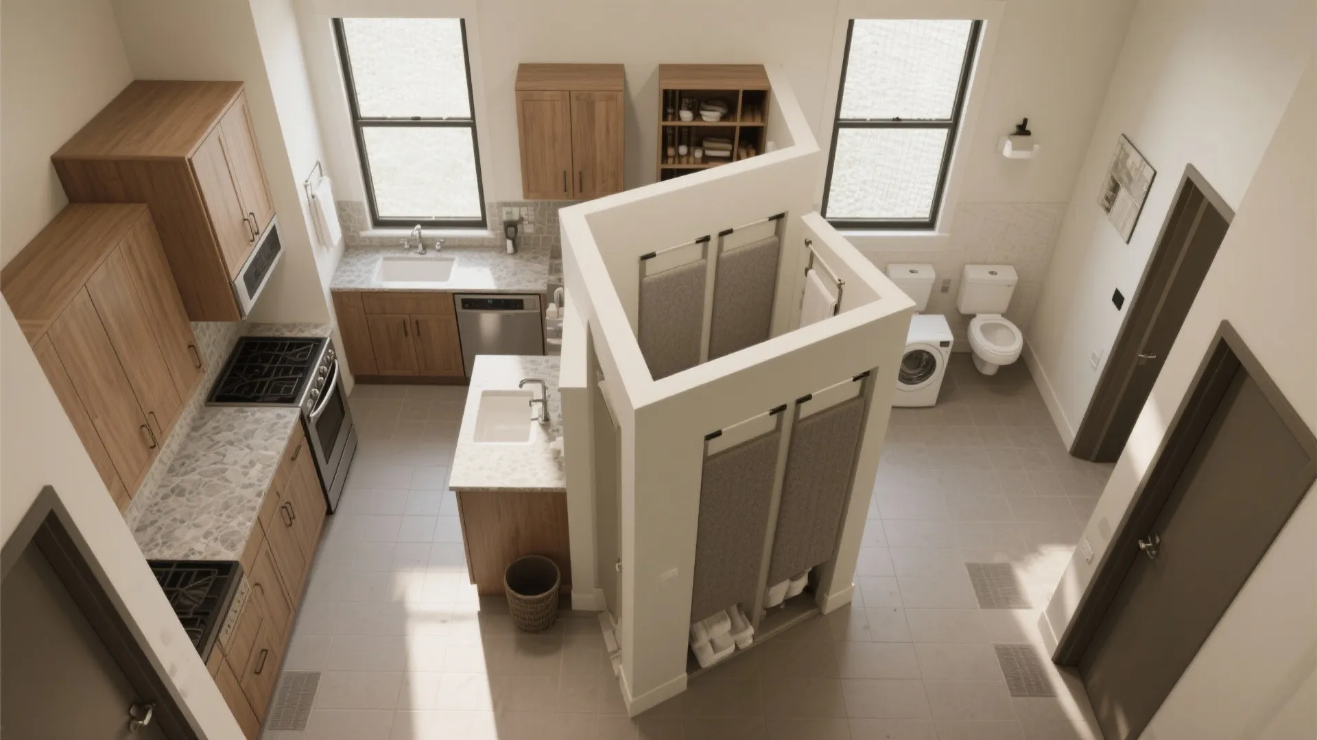 Top view of a studio apartment with wooden kitchen cabinets laundry area and small white bathroom