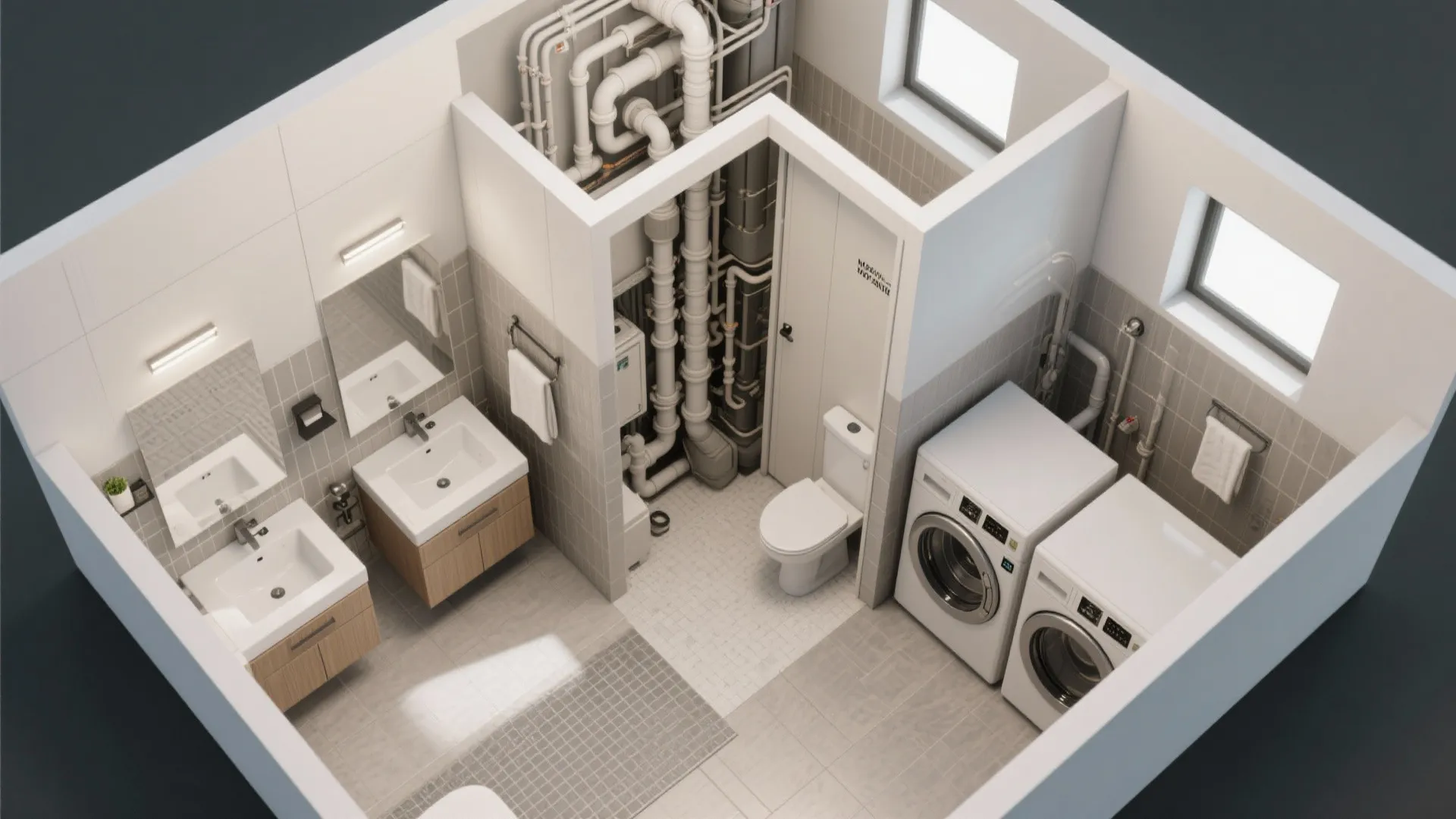 Top-down view of a centralized service core with clustered bathrooms and laundry for efficiency.