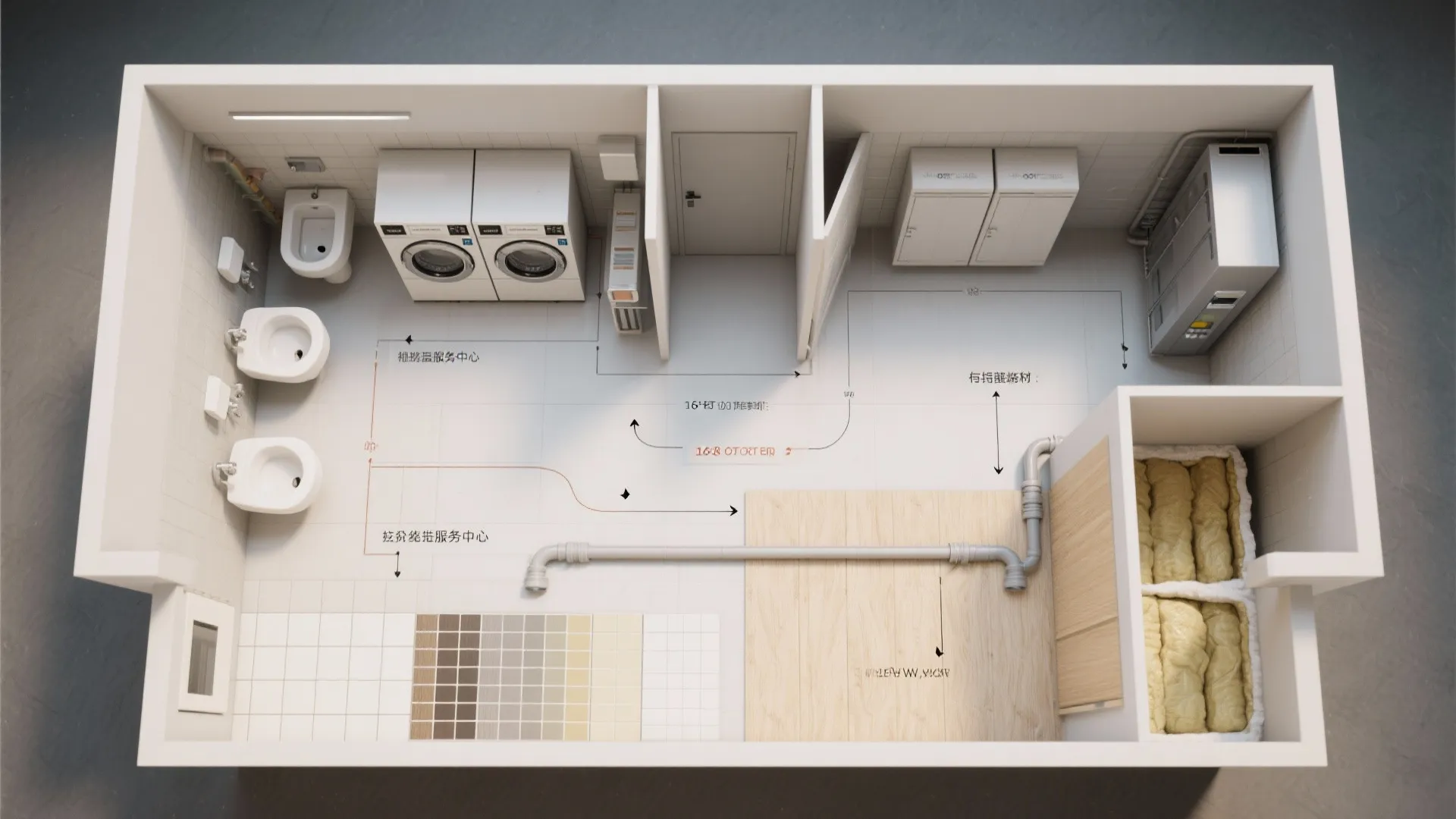 Material flatlay and diagram of a compact service core grouping bathrooms, laundry, and mechanicals.