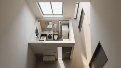 Compact Bathroom & Laundry Combo with Skylight Design
