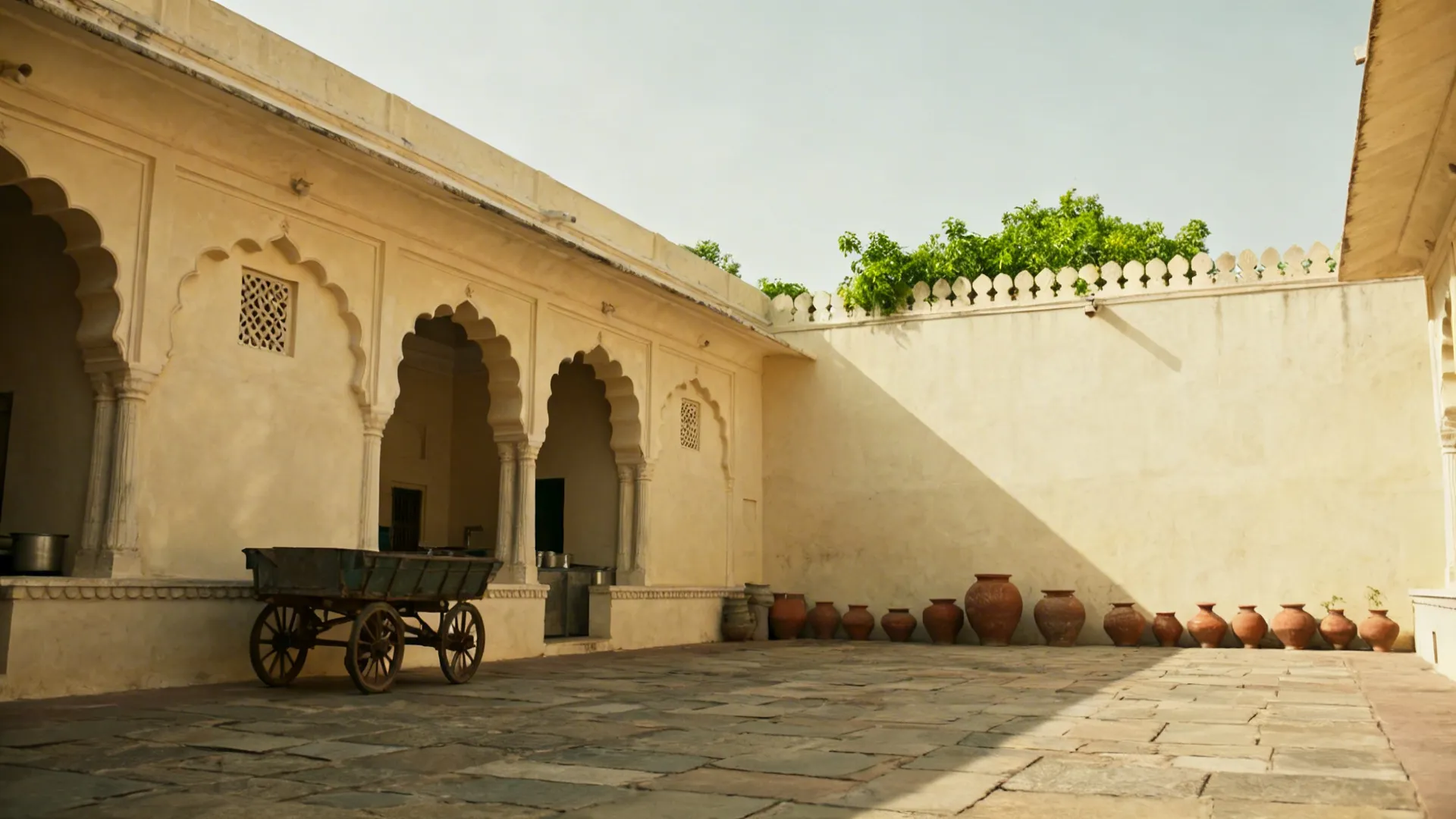 Wide view of a palace service courtyard with arches, jalis, and stone paving.
