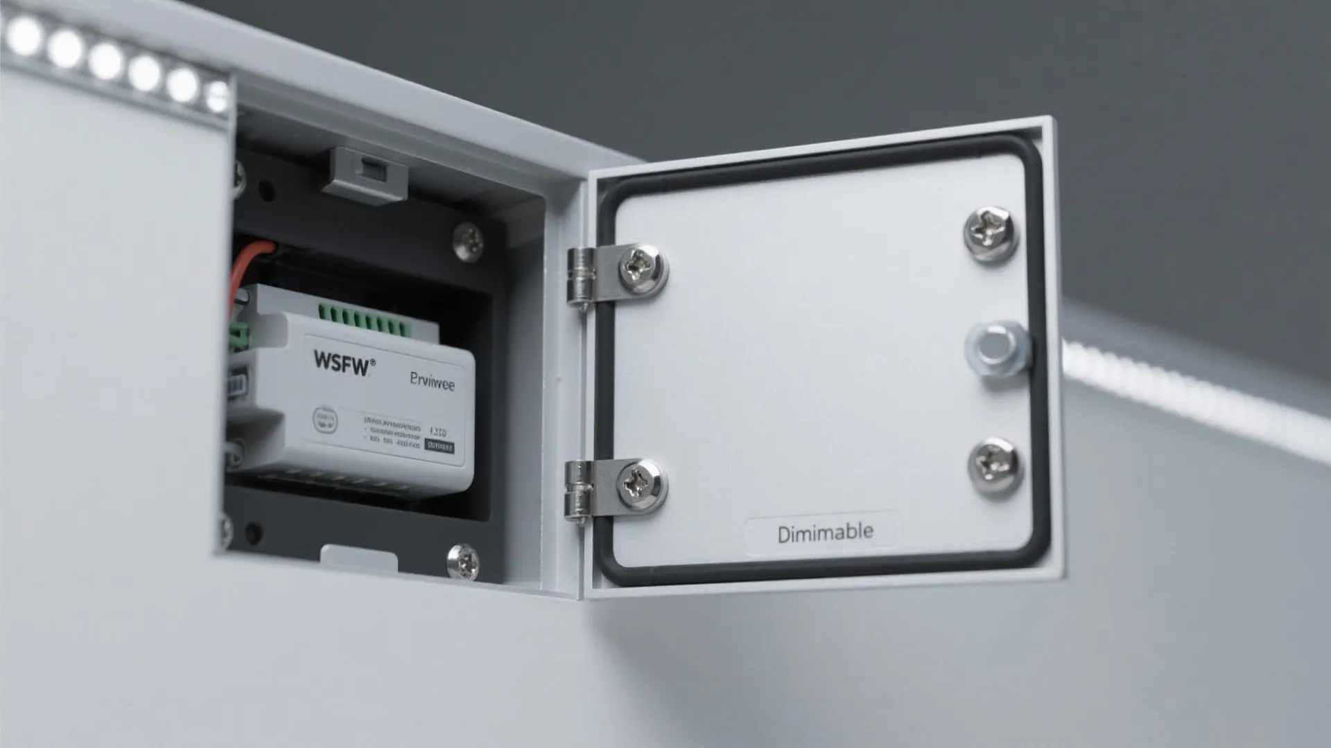 Open metal service door showing light controller inside a clean white wall mounted light fixture