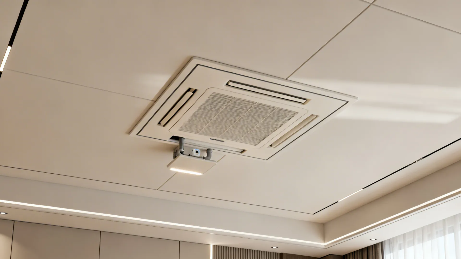 Service-first ceiling with hidden access panels and a cassette AC, clean reveals and subtle detailing.