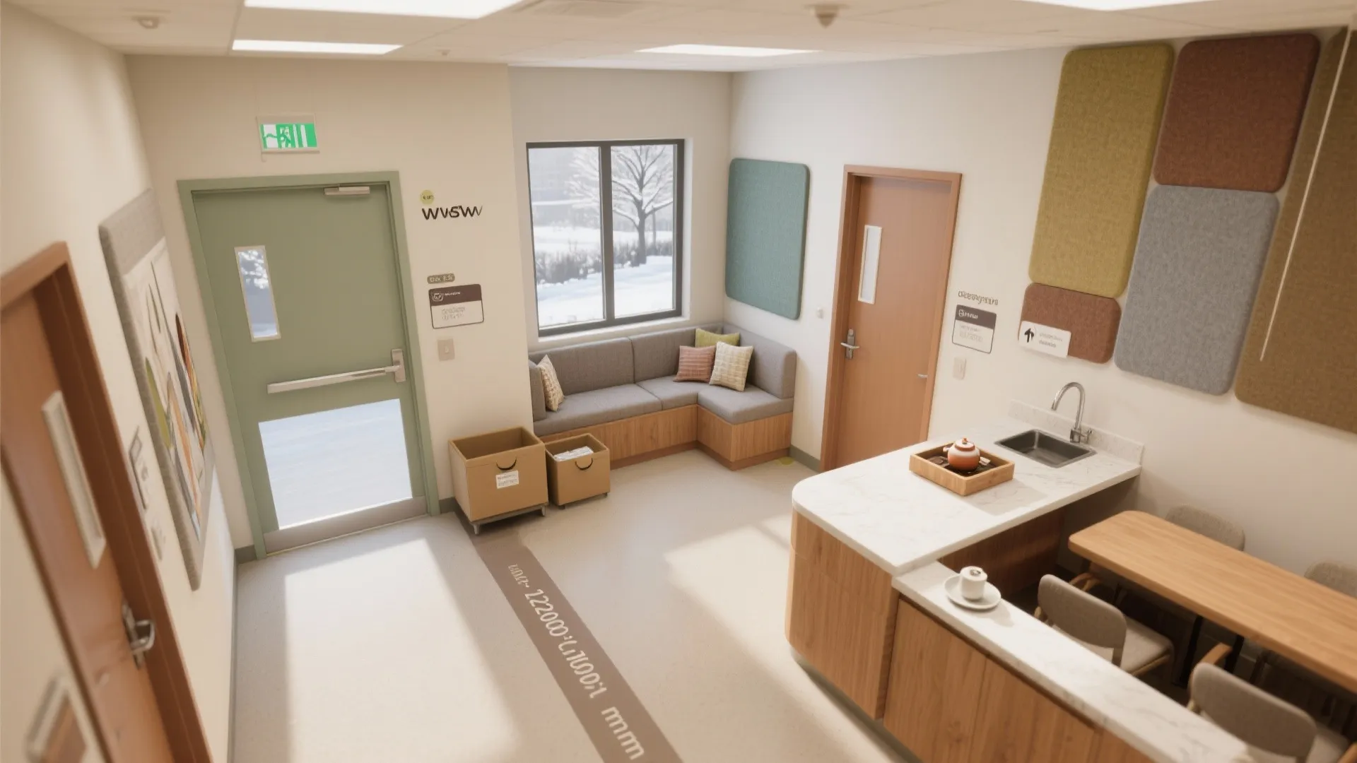 Modern office breakroom with grey sofa corner, wooden dining table, white cabinets, and natural light