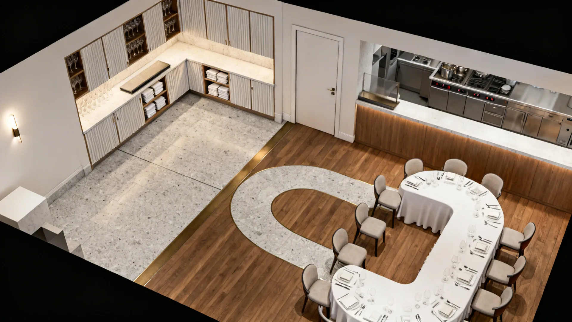 Top-down render showing a concealed server station, plating ledge, pocket door, and clear circulation paths.