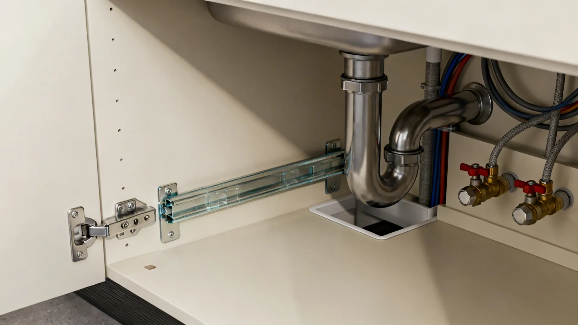 Macro view of a cabinet interior showing drawer runners, hinges, and clear service space around plumbing.