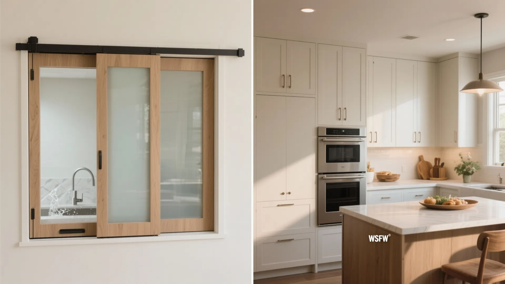Modern kitchen with wood sliding window hatch opening to a bright white counter and sink area