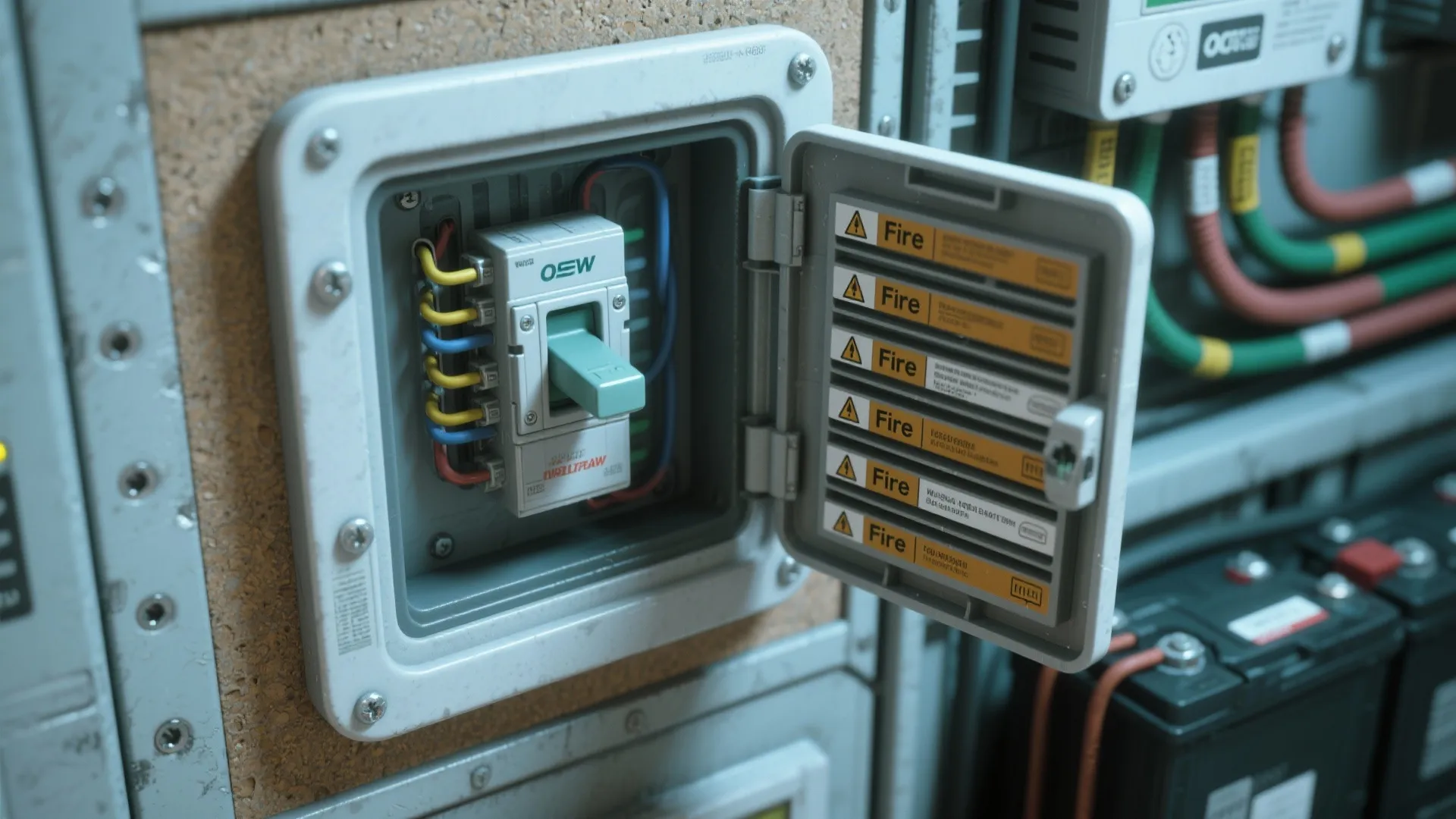 Close-up of a labeled service hatch and visible disconnect next to a battery installation, highlighting safety and accessibility.