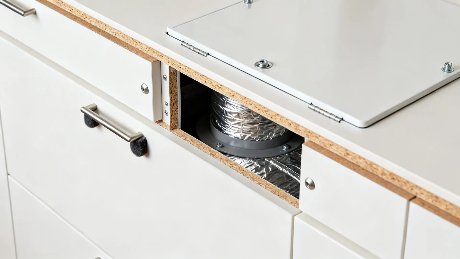 White kitchen cabinet with a flexible silver vent pipe visible inside an open service hatch door