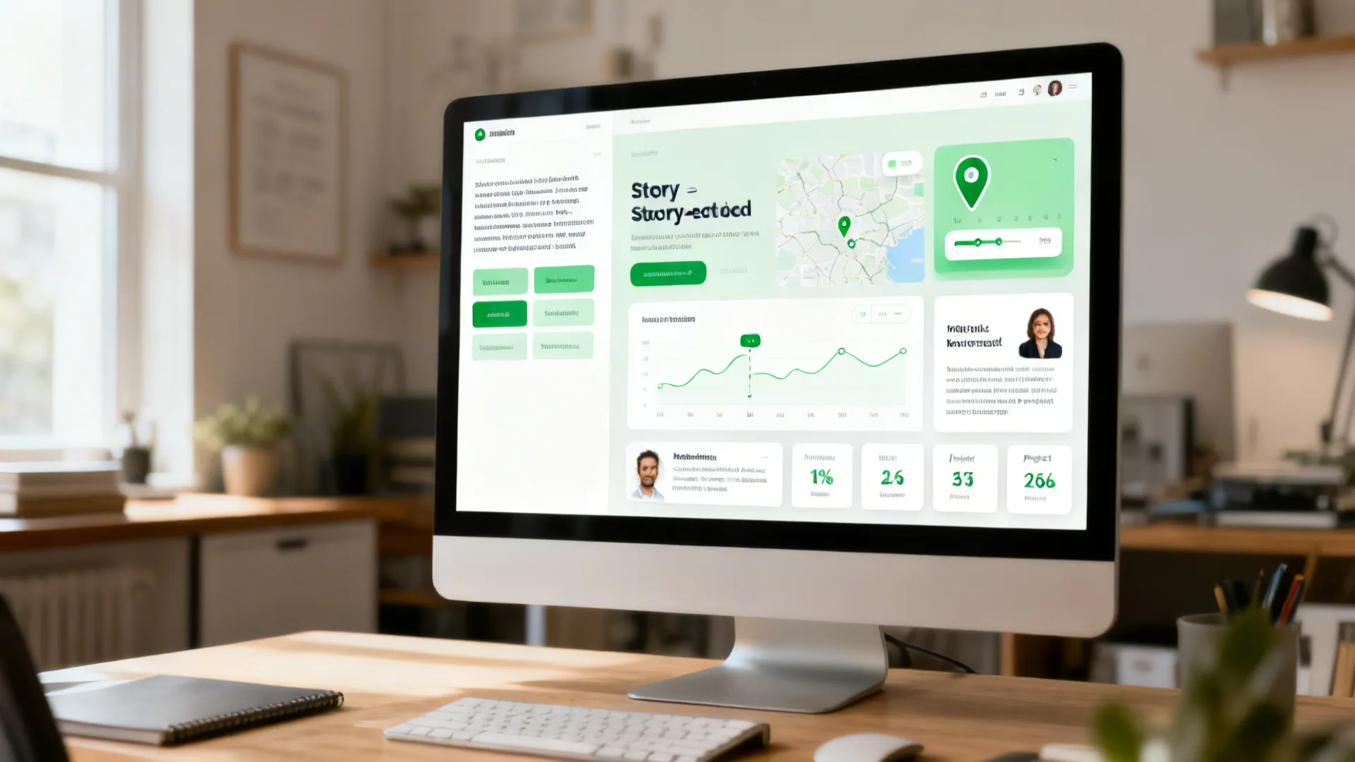 Split-screen of generic versus story-led service page designs on a studio monitor.