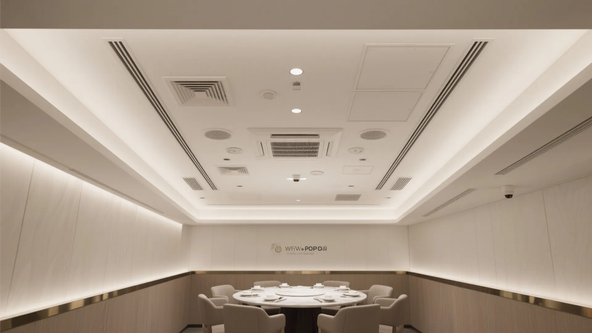 Modern dining room with large round table grey chairs white walls and modern ceiling lights
