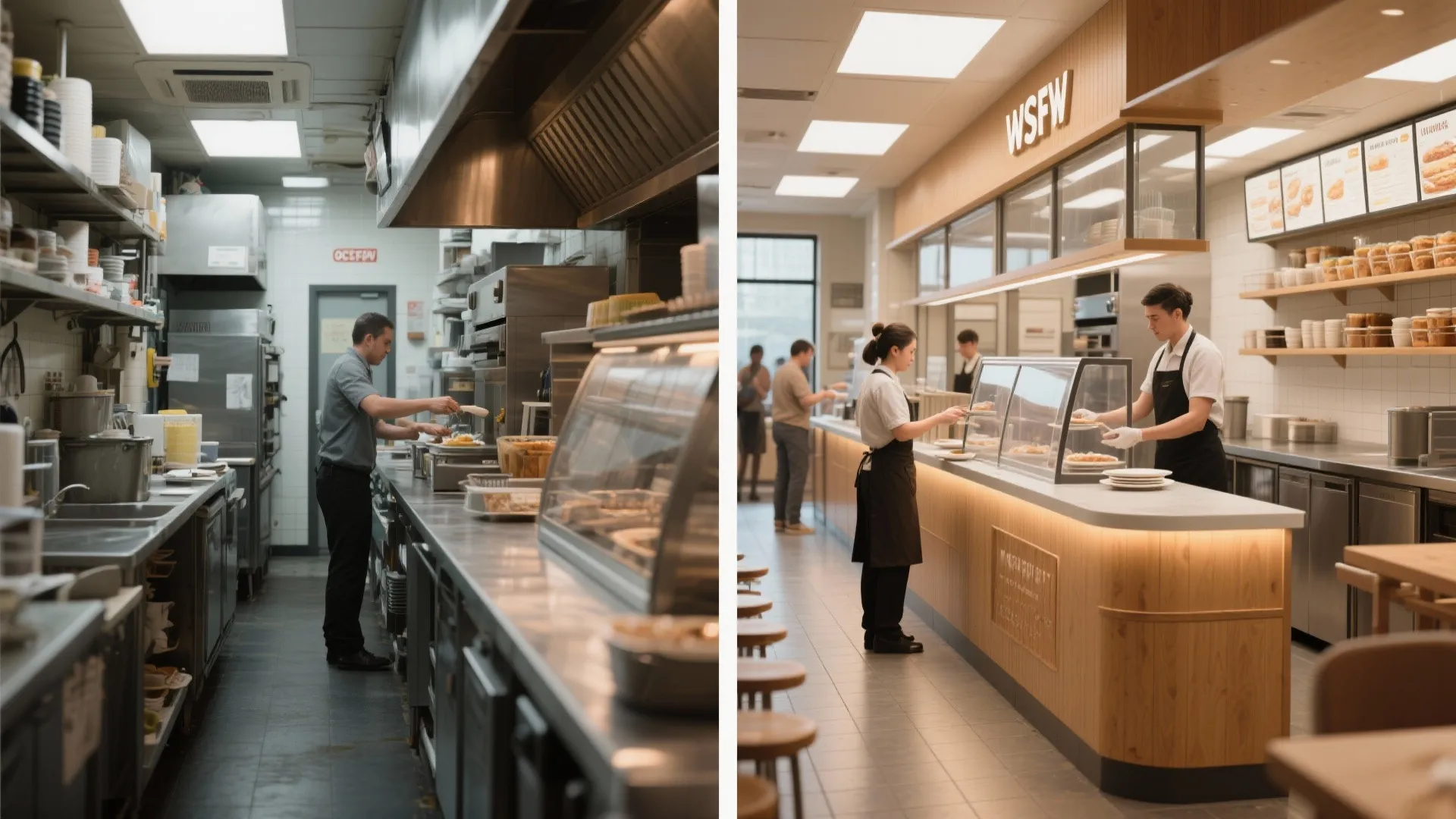 Side by side comparison showing a busy professional kitchen area and a modern food service counter