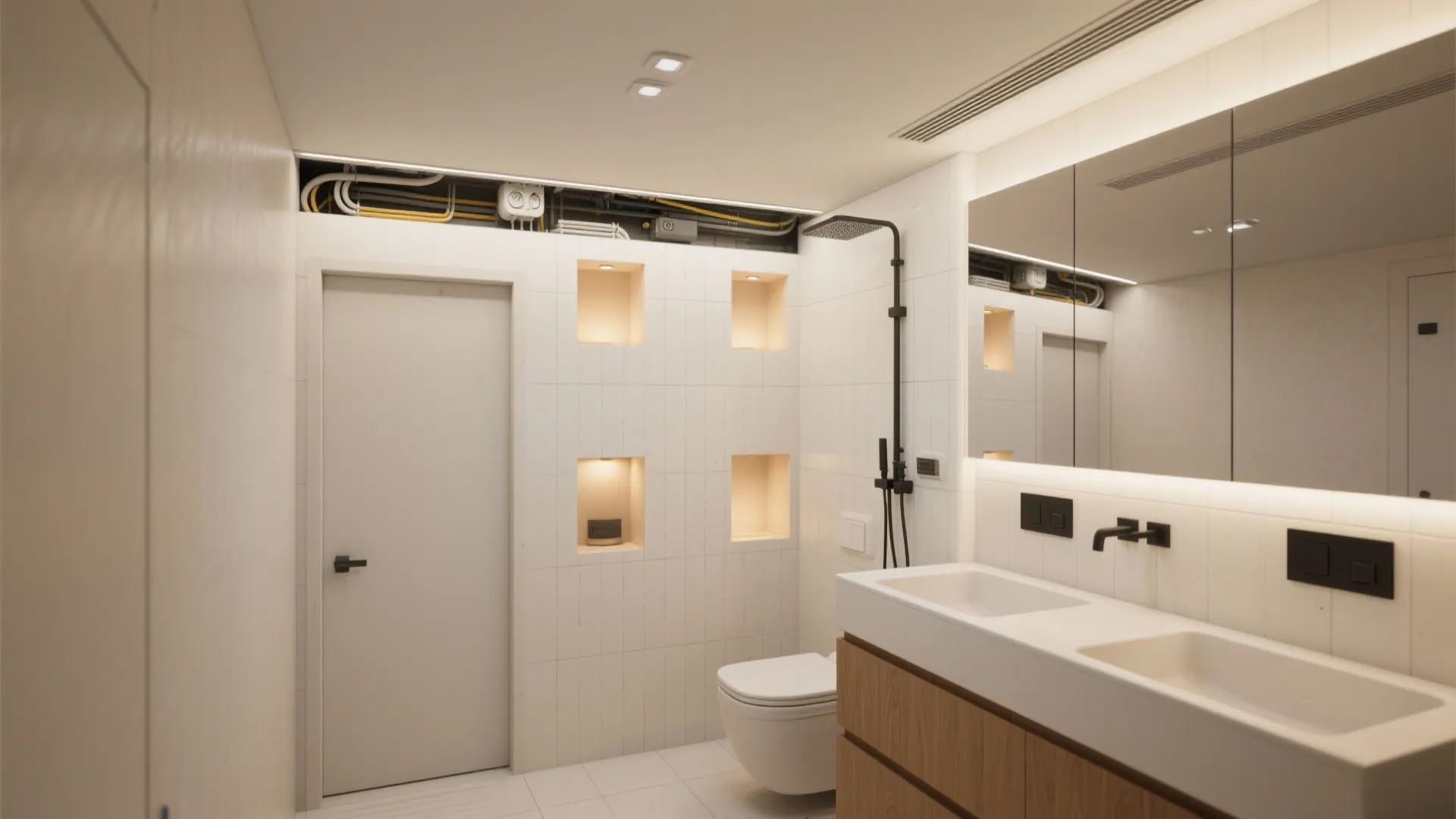 Modern white bathroom with double sink cabinet mirror toilet shower and wall niches with lighting