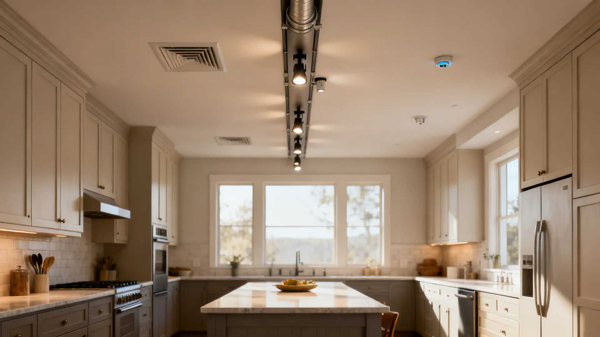 Central service spine drop ceiling aligns with cabinets and carries vent, sprinkler, sensors, and track lighting over the island.