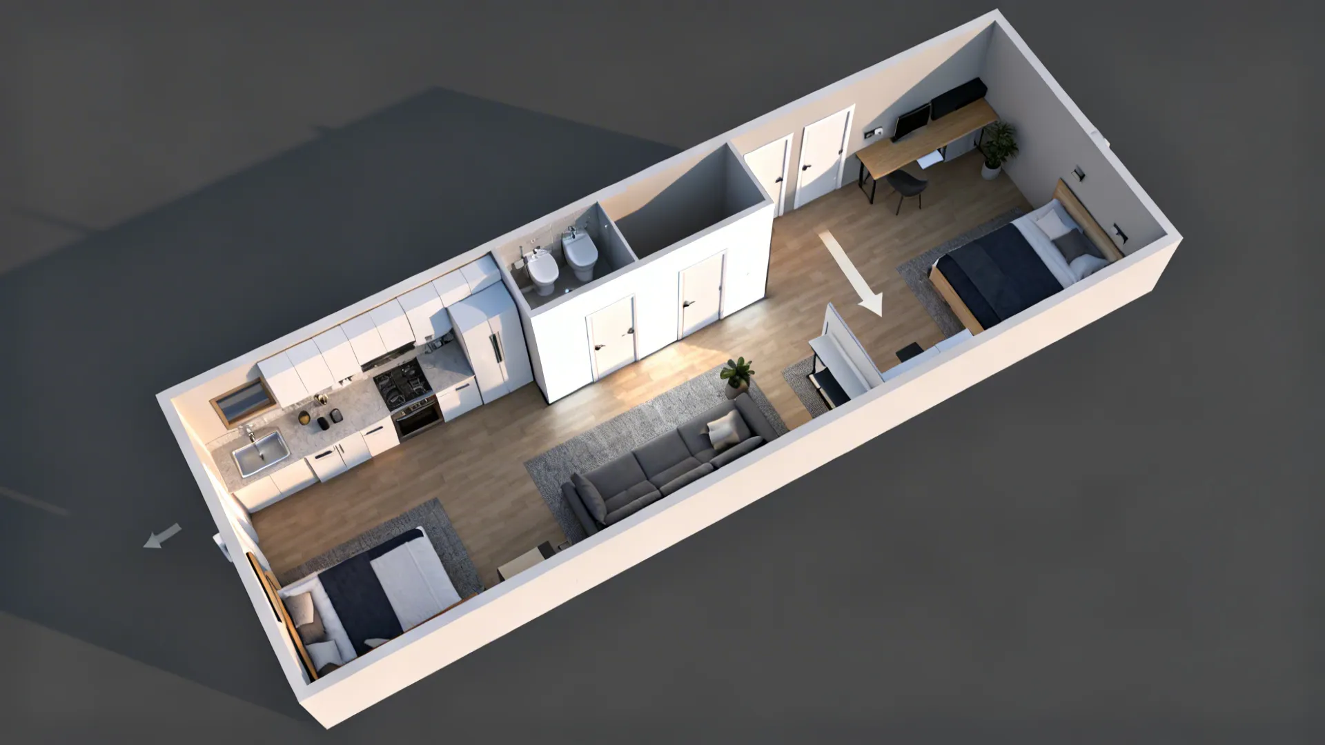 Top-down plan showing kitchen and bathroom on one spine with living at bright facade and two rooms at ends.
